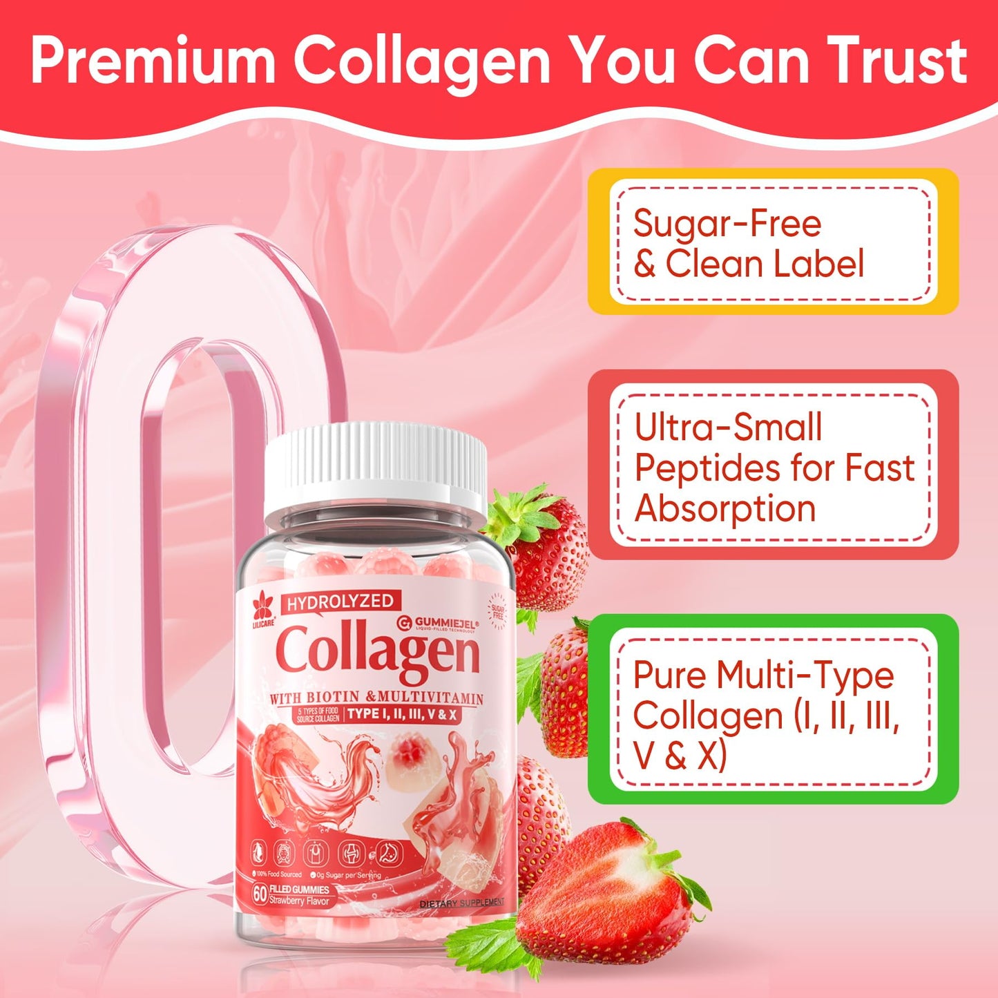Collagen Peptide Gummies – Sugar-Free Multi-Collagen 1500mg | Biotin 5000mcg | Vitamins for Skin, Hair & Nails | 60 Gummies