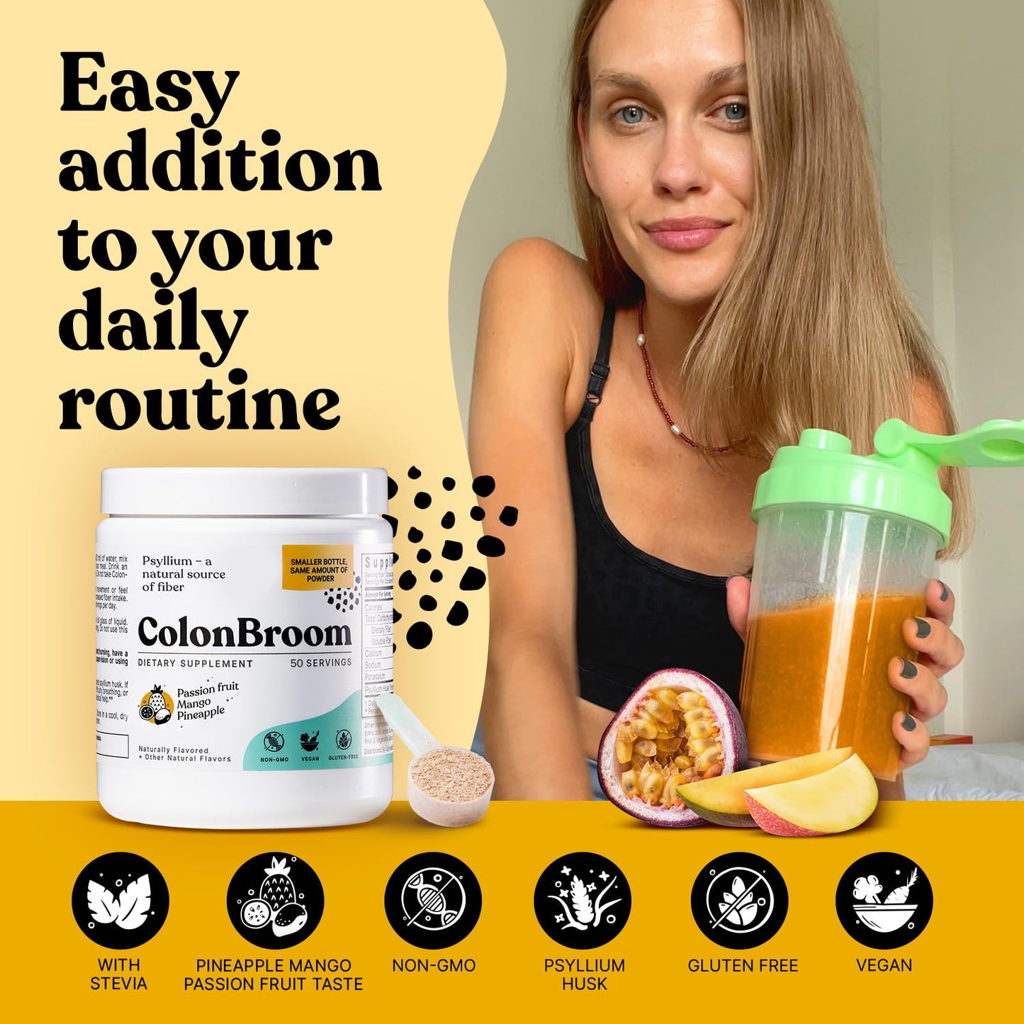 ColonBroom Psyllium Husk Powder with Stevia (Tropical Fruits) – Colon Cleanse & Digestive Fiber Powder – 150 Servings