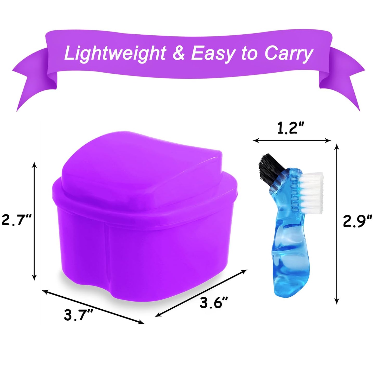 Colorful Denture Bath Case with Brush - Waterproof Mouth Guard Storage (Purple)