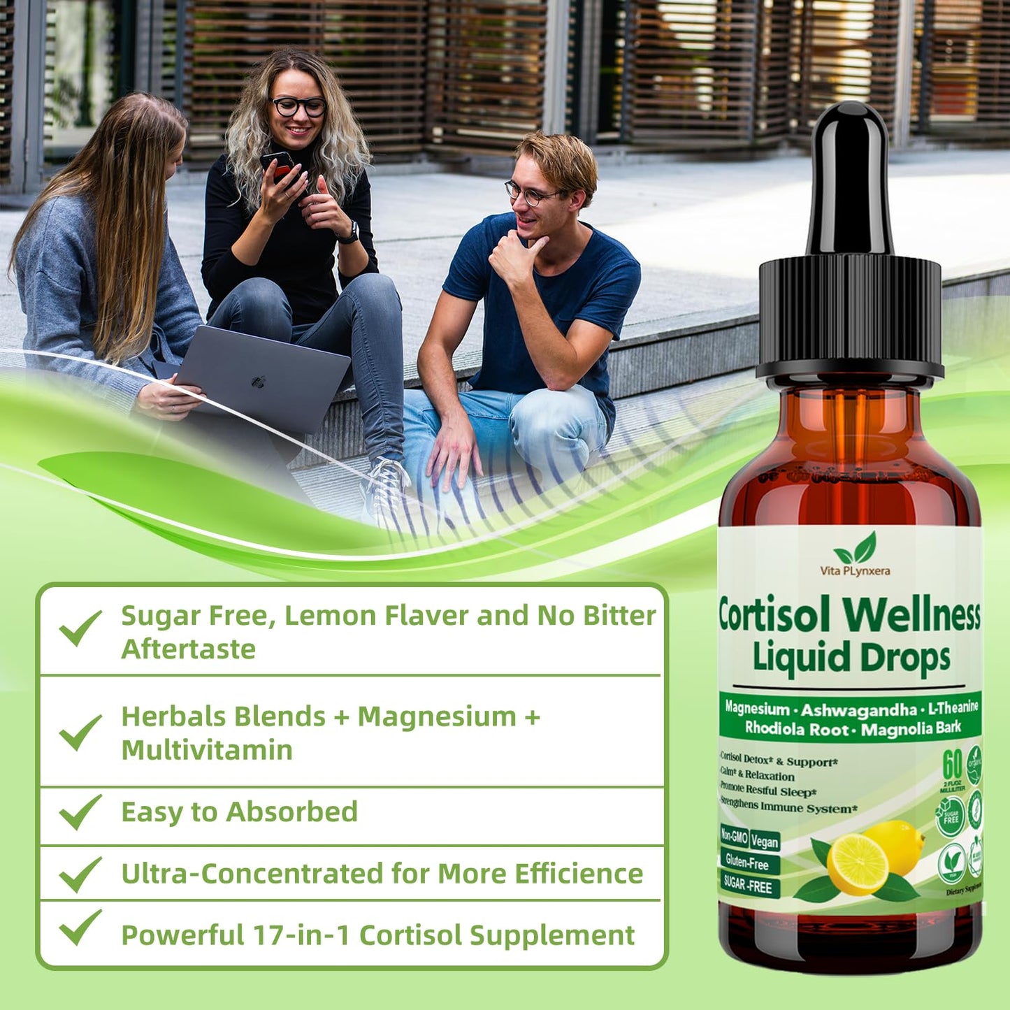 Cortisol Support Liquid Drops – 17-in-1 Detox with Magnesium Glycinate 400mg, Ashwagandha & L-Theanine – For Women