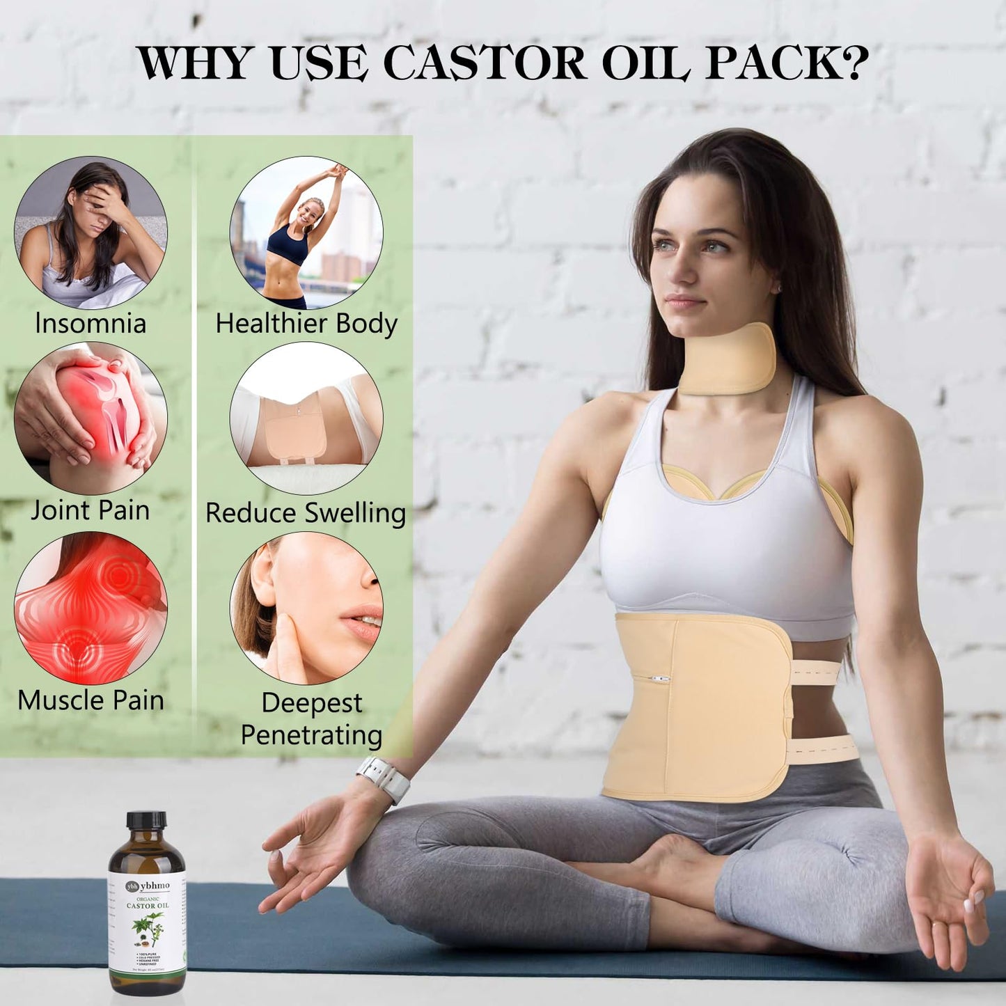 Organic Castor Oil Cold Pressed – 8oz Glass Bottle | Castor Oil Pack Wrap (Organic Cotton) for Neck, Chest & Abdomen