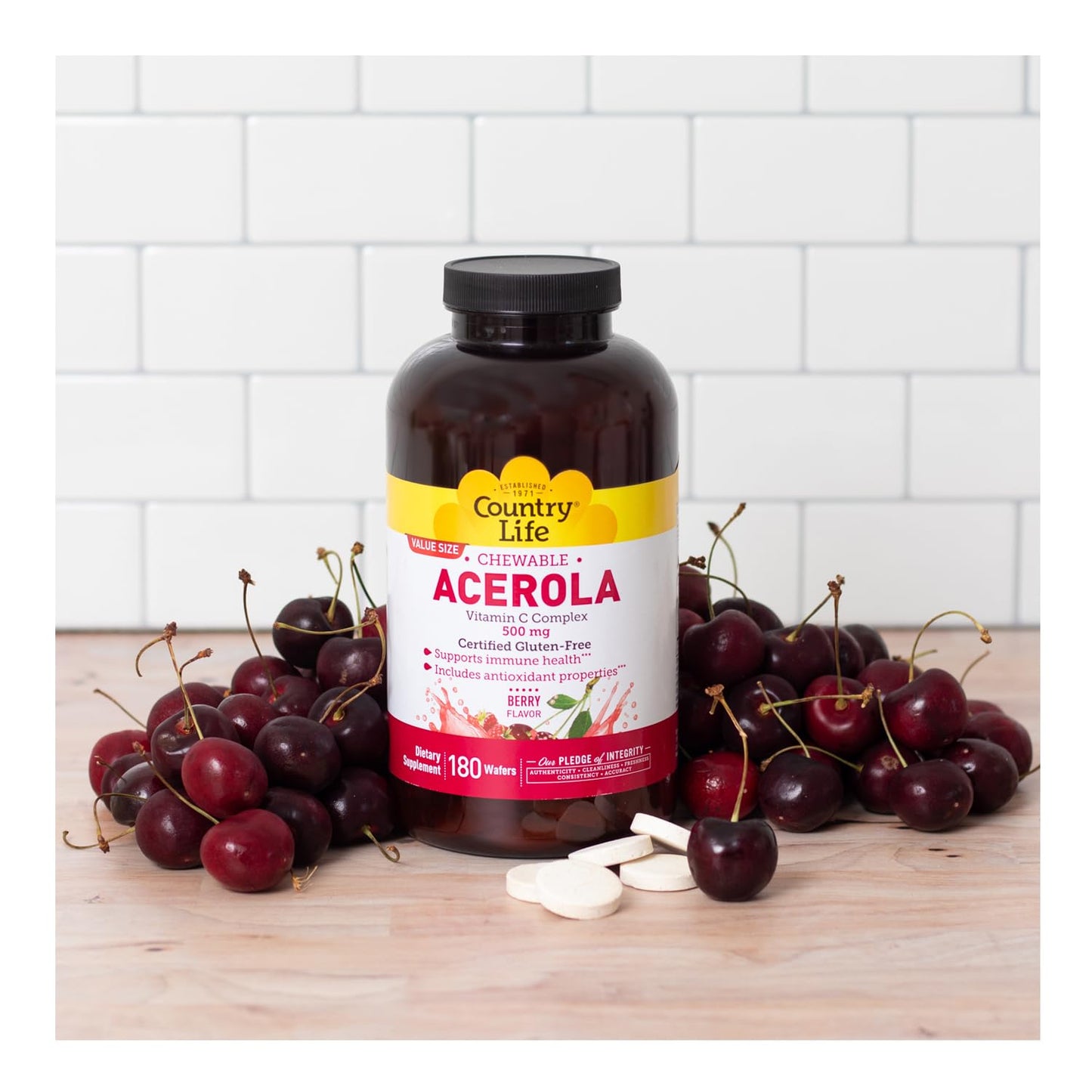 Country Life Acerola Vitamin C Complex - 500mg Berry Chewables for Immune Support, GFCO Gluten Free, AVA Vegan