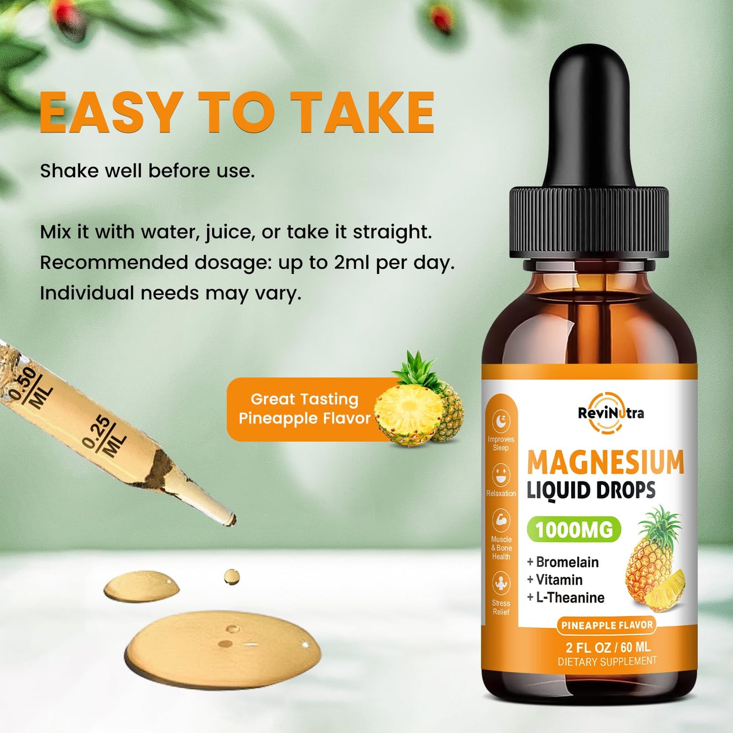 Magnesium Glycinate Liquid Drops 1000mg | Sleep, Calm & Digestion | Pineapple Flavor