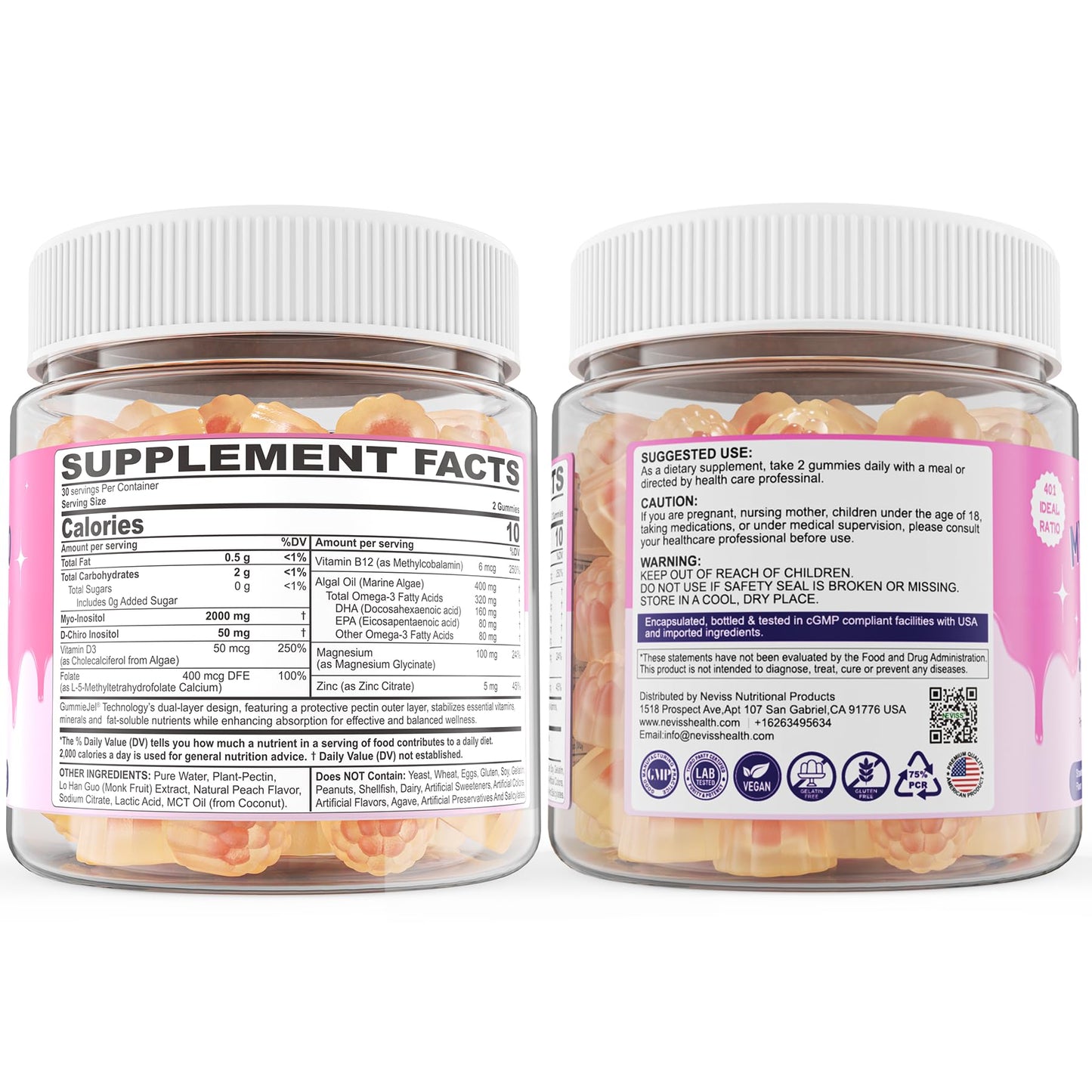 Myo-Inositol & D-Chiro Inositol Gummies for Hormone Balance – Sugar Free, 40:1 Ratio, Vegan, Ovarian Health (60 Cts)