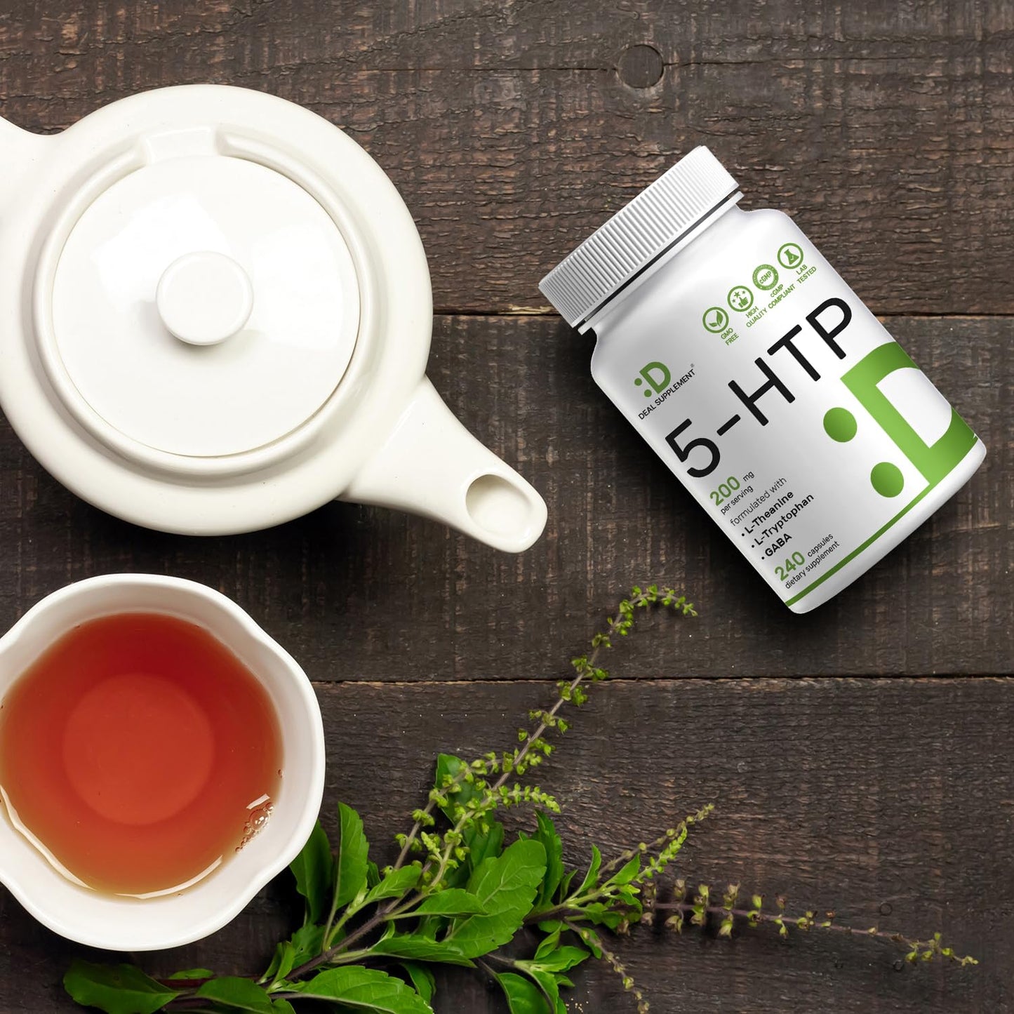 Deal Supplement 5-HTP 200mg per Serving, 240 Capsules | 98% African Griffonia Seed Extract | 4-in-1 Formula + L-Theanine, L-Tryptophan & GABA
