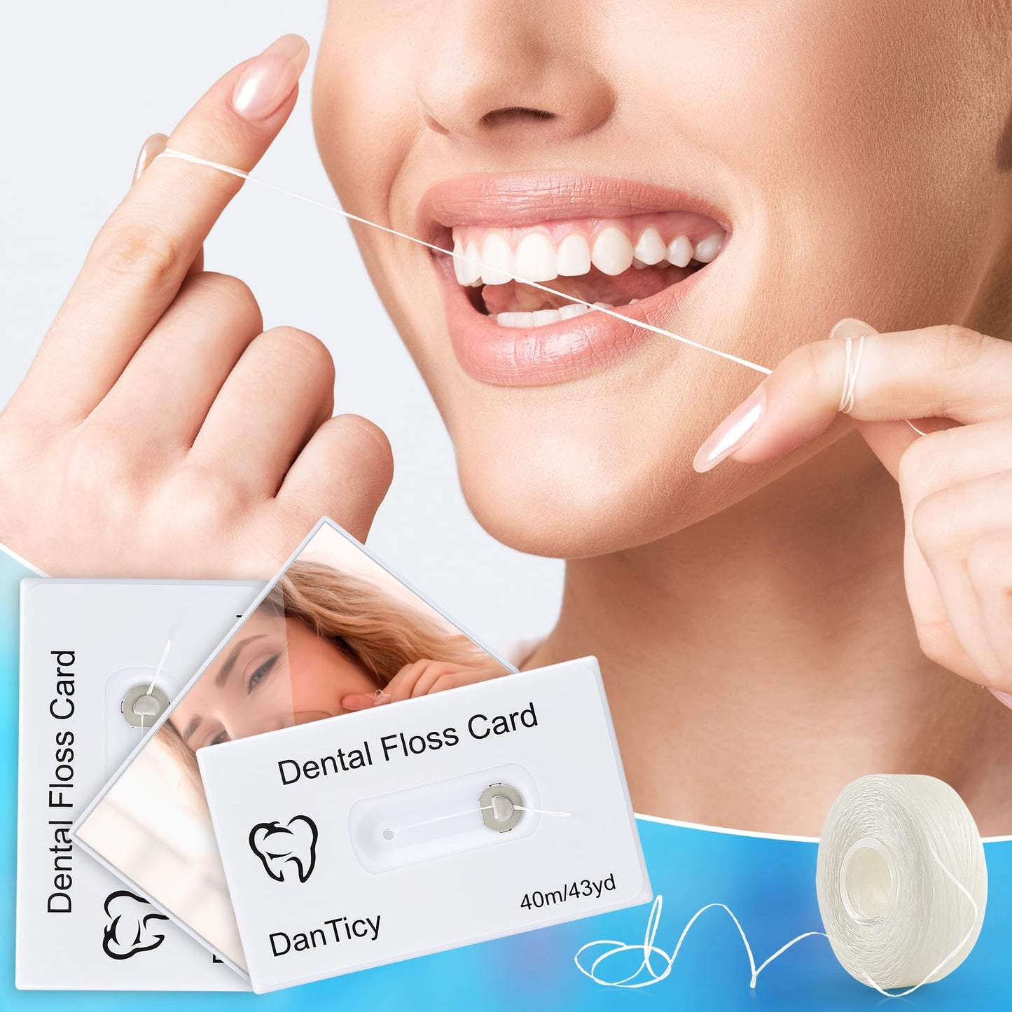 Dental Floss Card Floss with Mirror – Mint Waxed, 40m, 3 Pack, PFAS Free