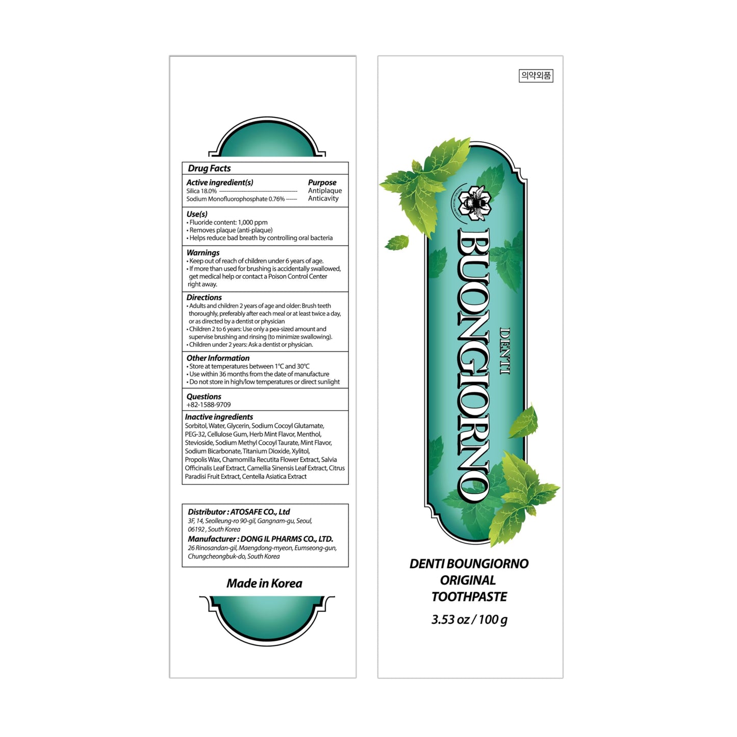 DENTI BUONGIORNO Original Toothpaste 3 Pack – Herbal Mint, Natural Fluoride (Korean)