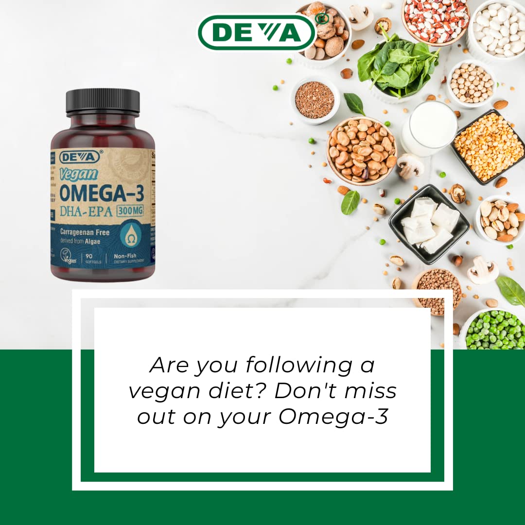 DEVA Vegan Omega-3 DHA-EPA Softgels - 300 mg DHA-EPA, 90 Count | Carrageenan & Gluten Free, Algae Oil