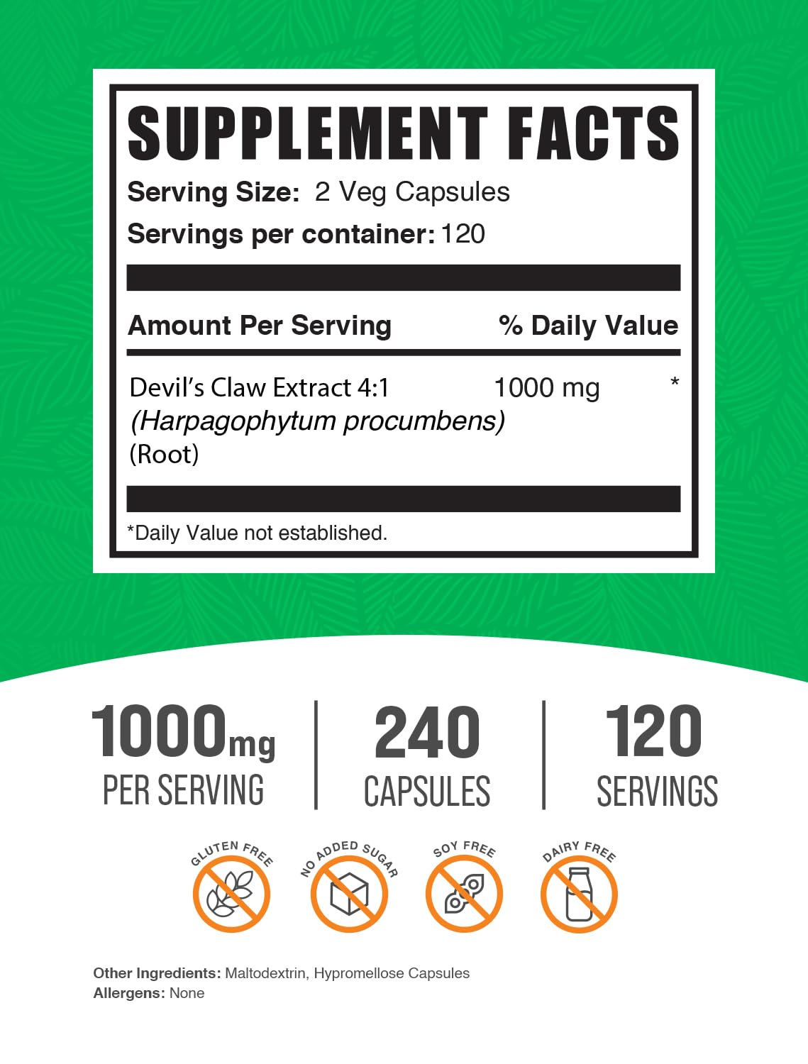 Devil's Claw Extract Capsules – Vegan & Gluten Free (240 Veg Caps) | BulkSupplements