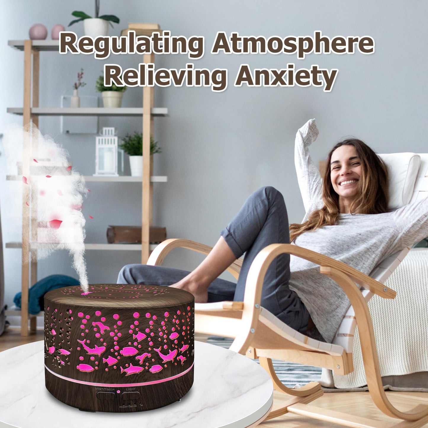 600ml Large Room Essential Oils Diffuser – Auto-Off, 7 Colors, 3 Mist Modes (Dark Wood)