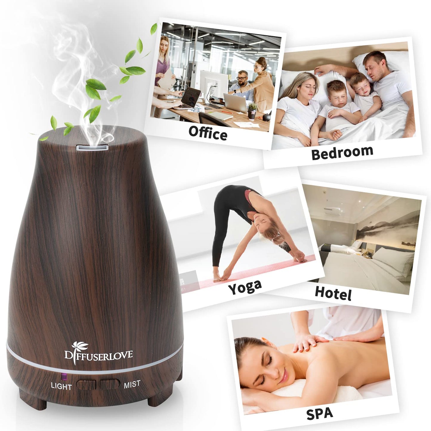 Diffuserlove 200ML Essential Oil Diffuser with Remote - 7 Color Lights, Auto Shut-Off, Black Wood Grain