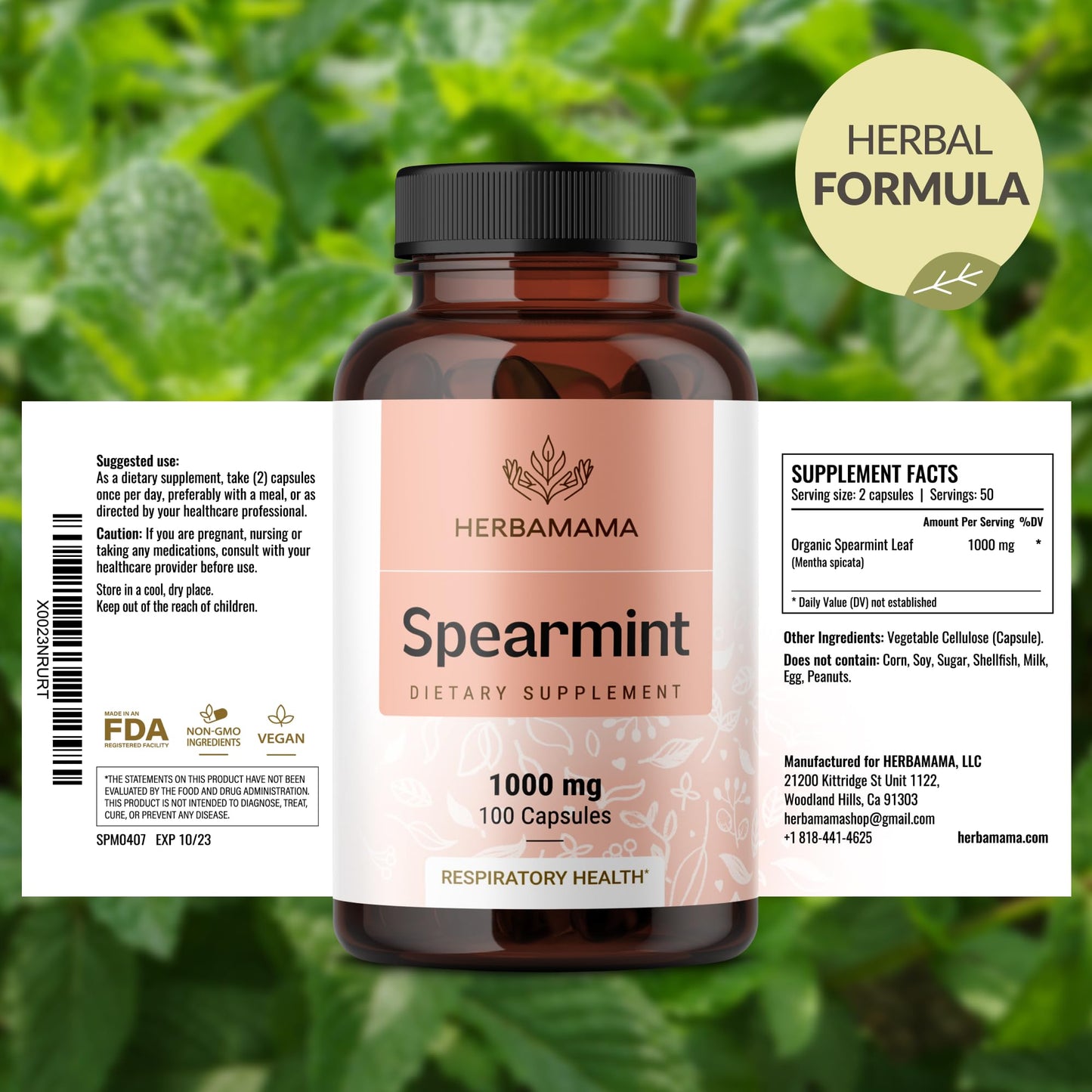 HERBAMAMA Spearmint Leaf Capsules - 1000mg Spearmint Leaves for Gut Cleanse & Digestive Support | Vegan, Non-GMO Mentha Spicata