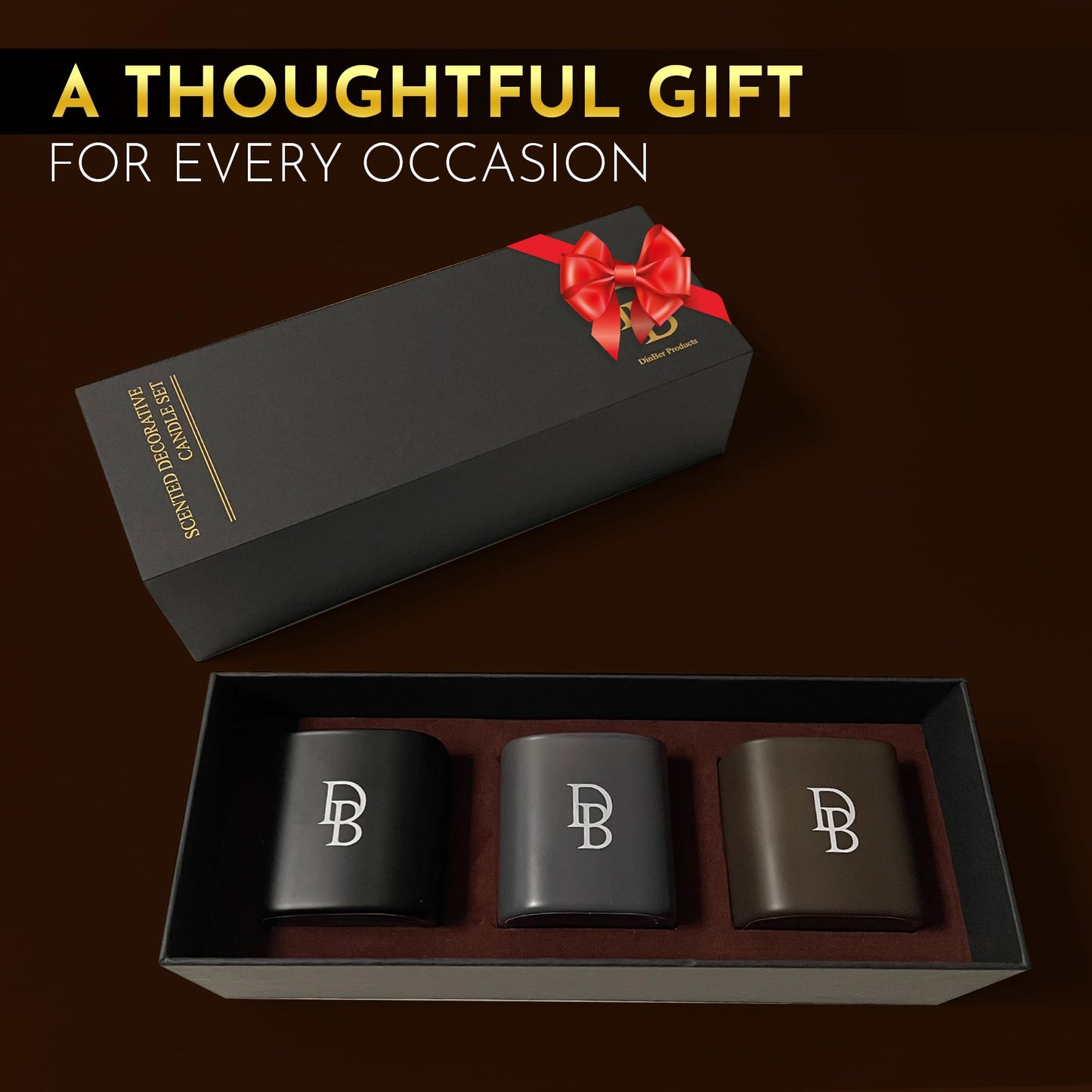 DinBer Candle Gift Set – 3 Scented Soy Candles (50+ hrs each) | Amber Allure, Red Teakwood & Champagne – Flower-Inspired Scents