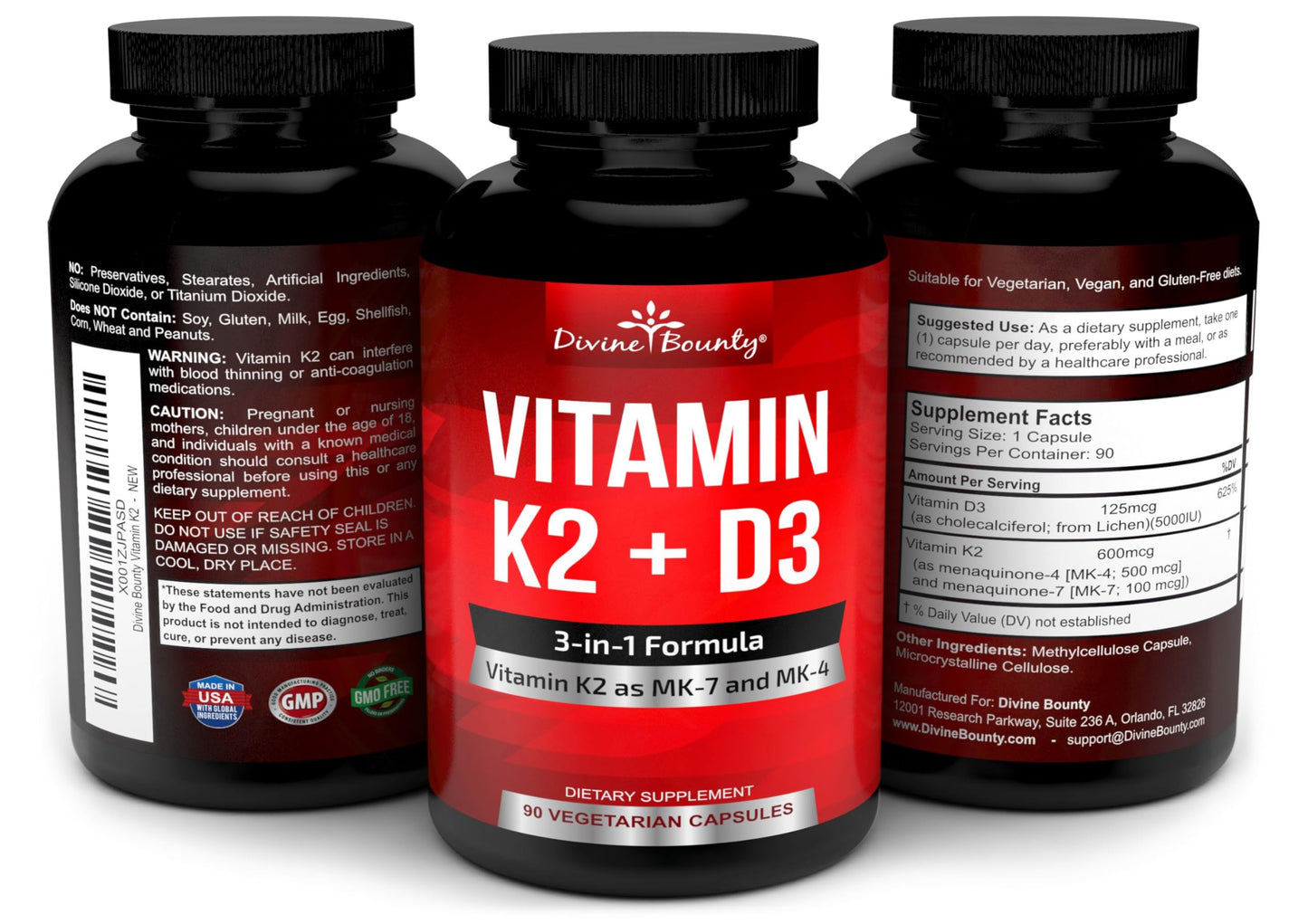 Divine Bounty Vitamin K2 + D3 (MK7 & MK4) – 90 Vegetarian Capsules