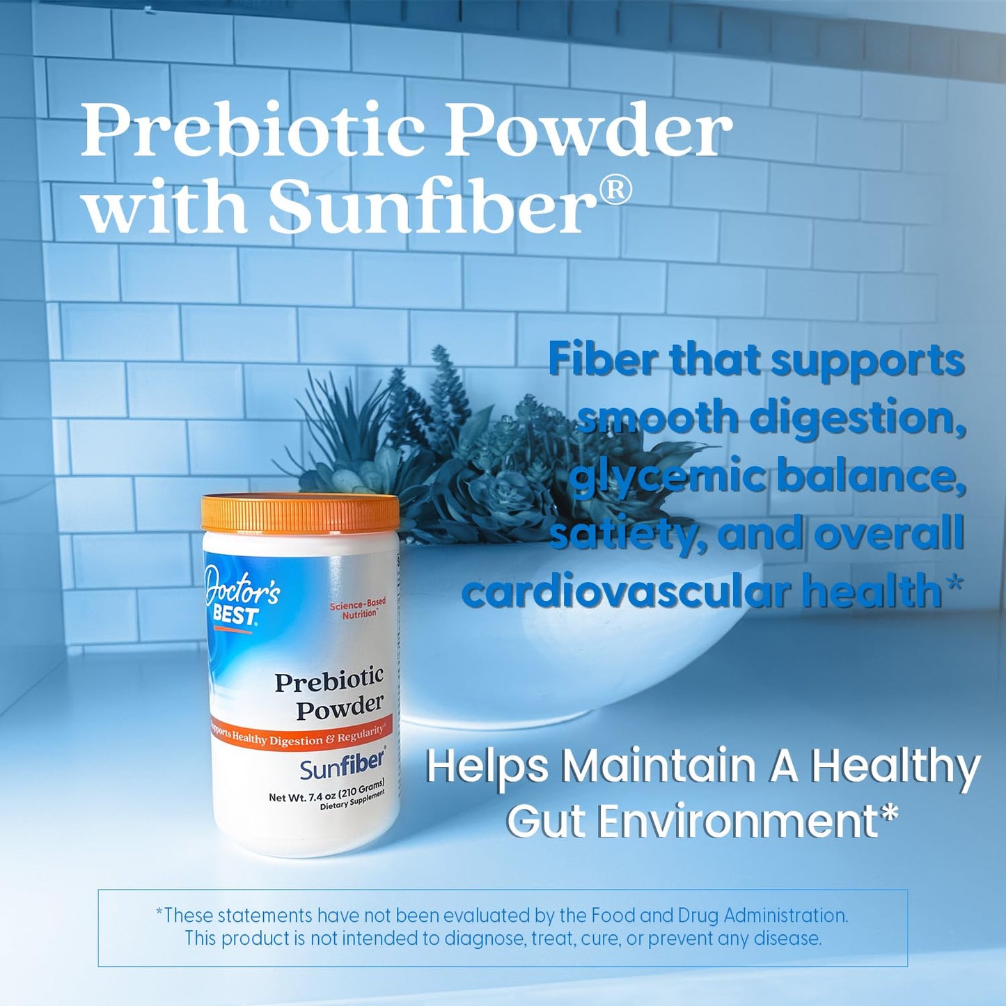 Doctor's Best Prebiotic Fiber Powder with Sunfiber – 7.4 oz, Gluten Free, Non-GMO, Vegan, Easy Dissolve