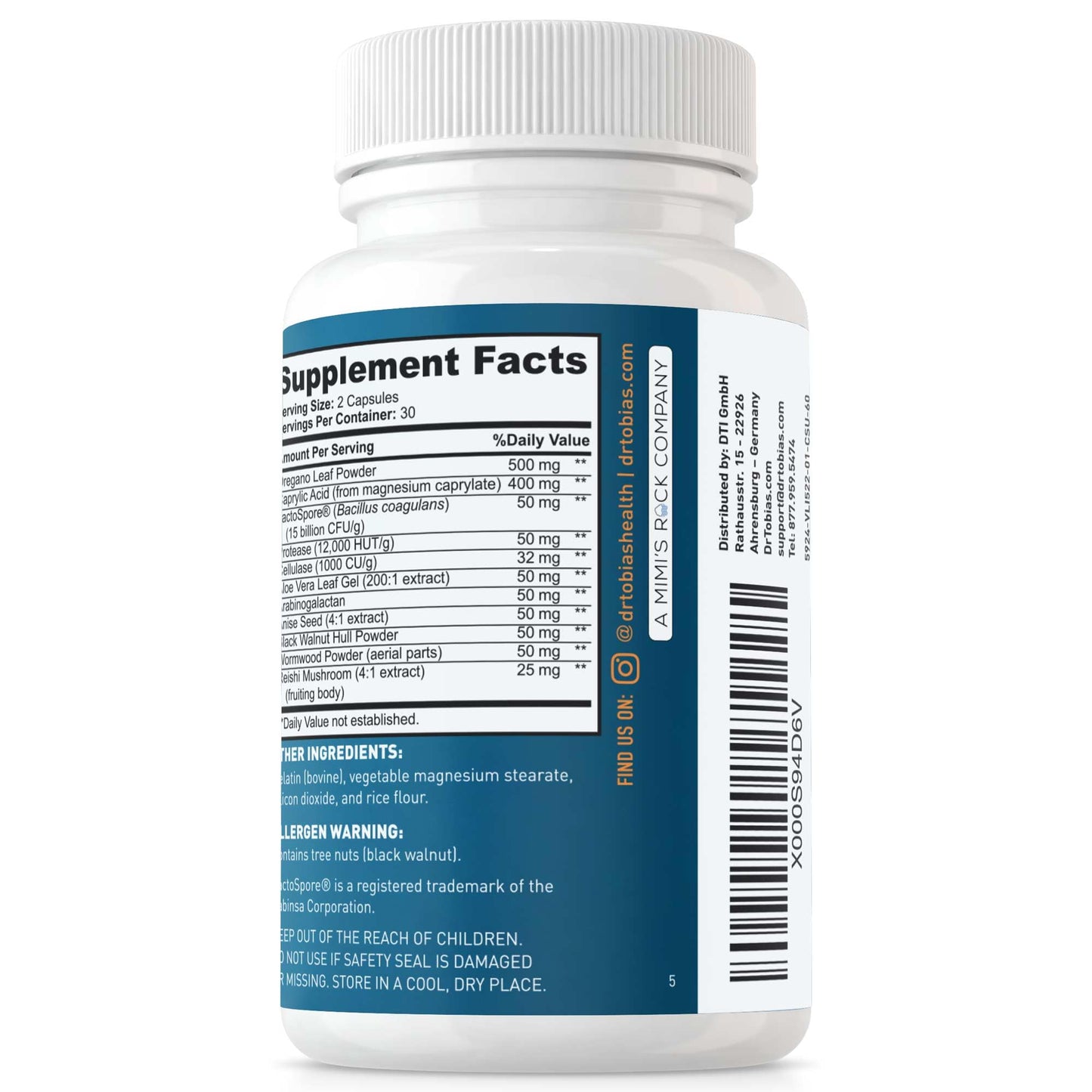 Dr. Tobias Candida Support – Gut Flora Balance Complex with Oregano, Caprylic Acid, Enzymes & Probiotics | 60 Capsules