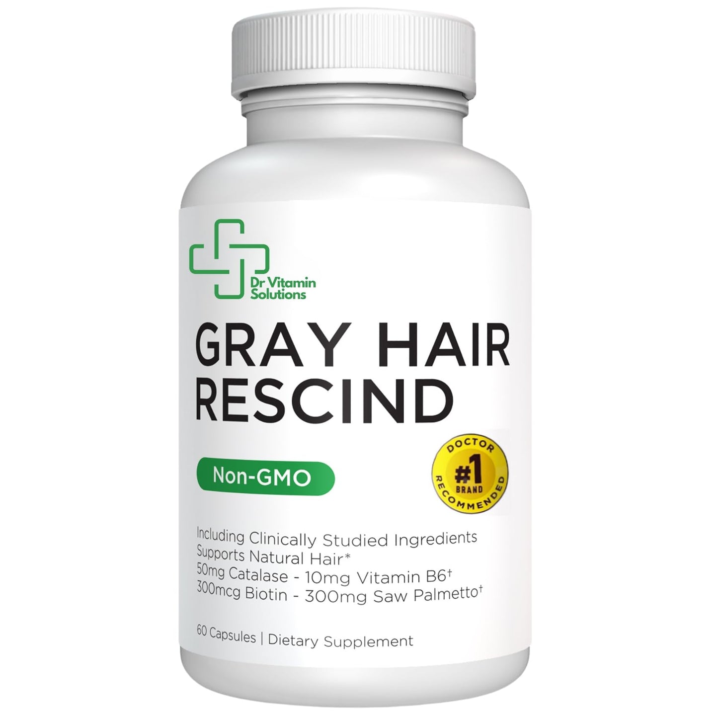 DR VITAMIN SOLUTIONS Gray Hair Rescind with Catalase - Antiaging Hair, Skin and Nails Vitamins, Pantothenic Acid, Folic Acid 400mcg, Biotin 300mcg, Saw Palmetto for Men and Women