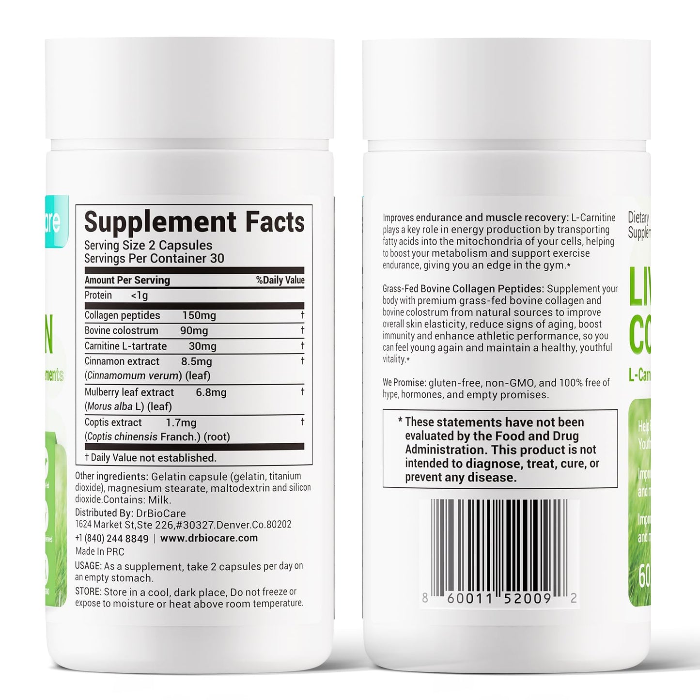 DrBioCare Living Collagen L-Carnitine Complex – Grass-Fed Collagen, Colostrum, 60 Caps