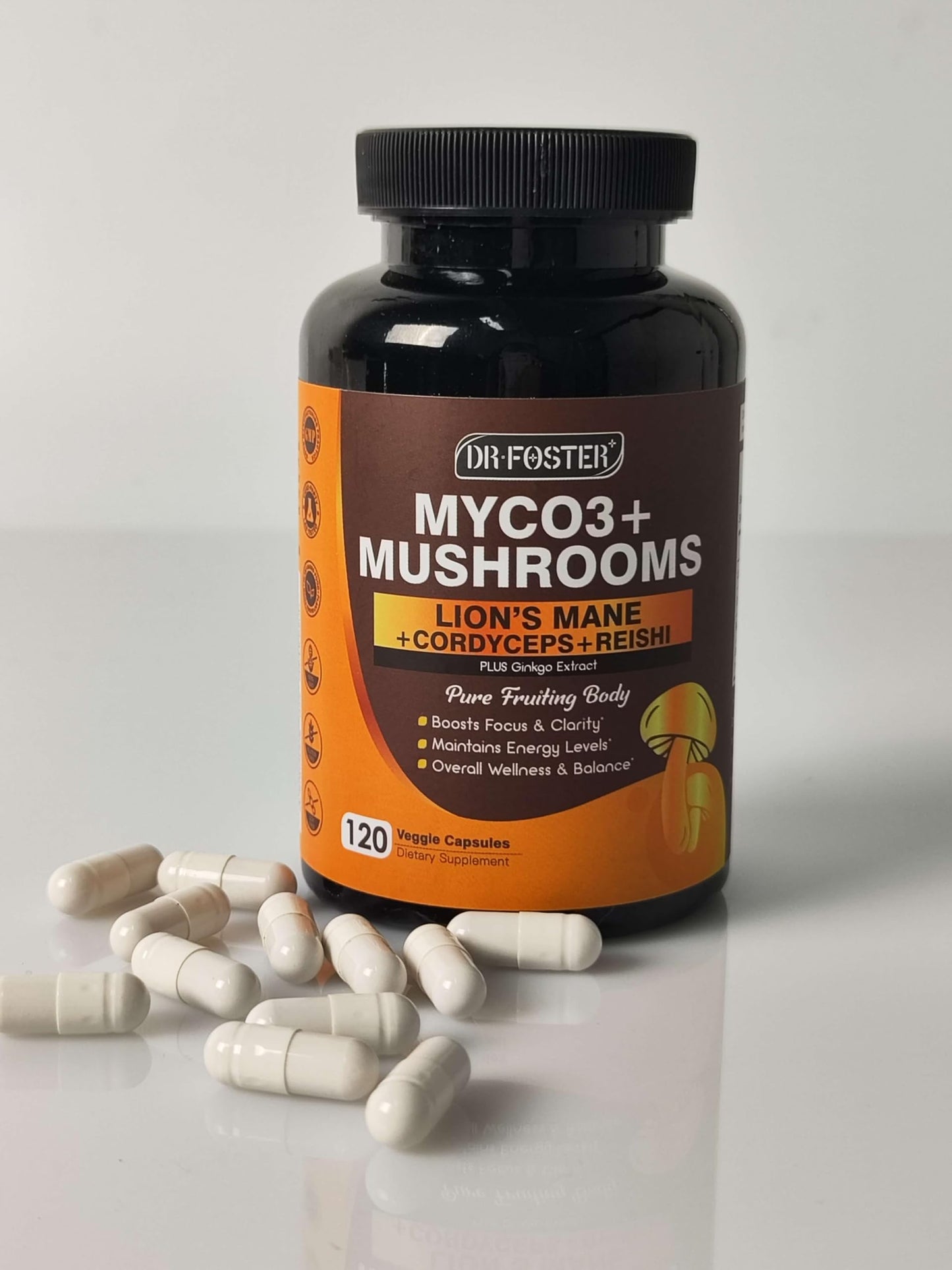 DRFOSTER Lions Mane Supplement Capsules - MYCO3+ Mushrooms with Cordyceps, Reishi & Ginkgo Biloba for Brain & Energy - 120 Caps