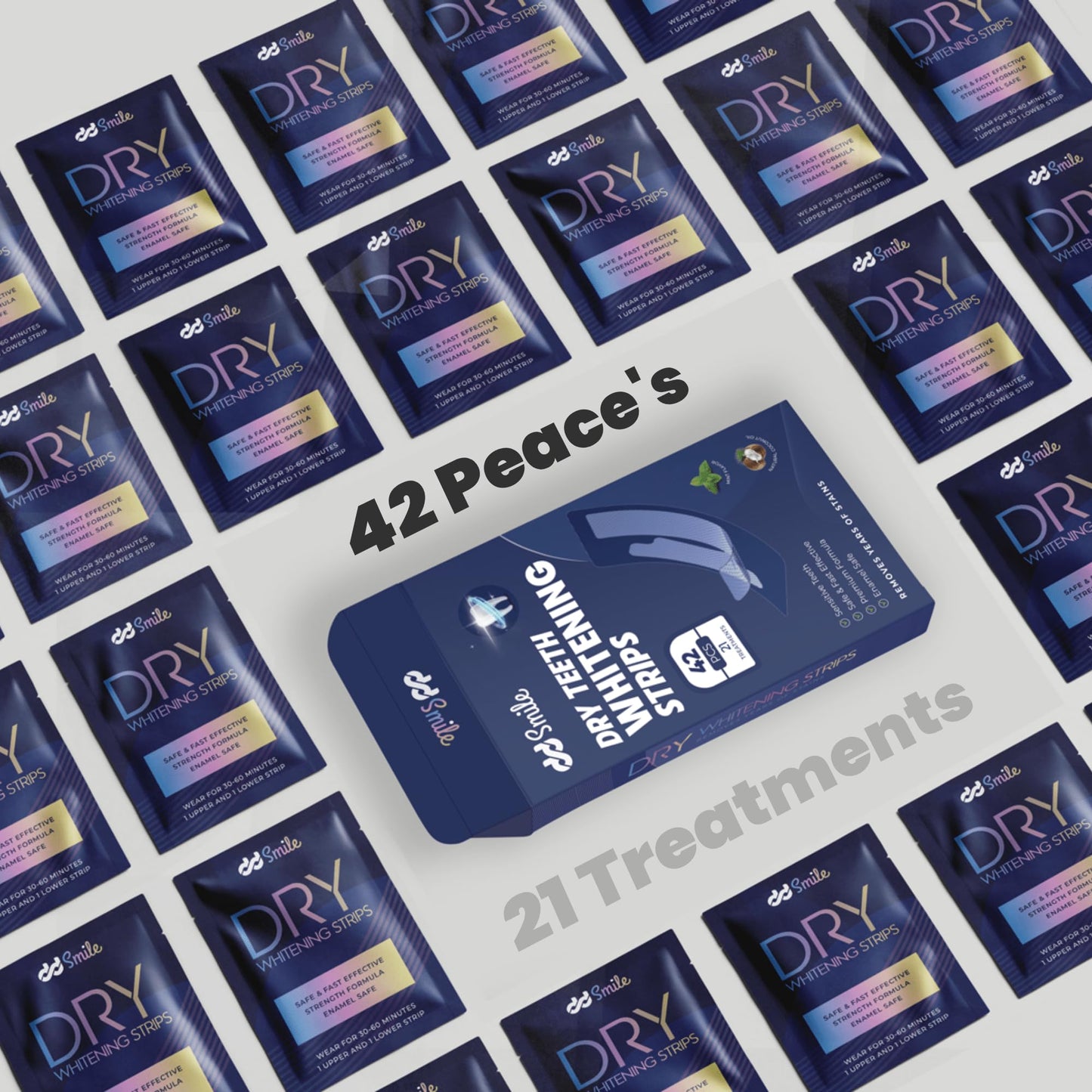 Dry Teeth Whitening Strips - 42 Strips (21 Treatments) - Sensitive Teeth Whitening Strips - Peroxide-Free - Enamel Safe - Mint Flavor - Non-Slip - Mess-Free - Sensitivity Free