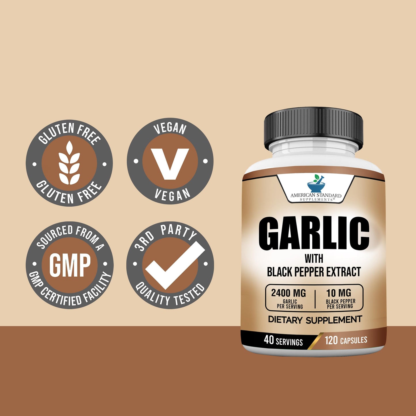 American Standard Garlic 2400mg per Serving with Black Pepper – 120 Capsules (Pack of 2) | Vegan, Gluten Free