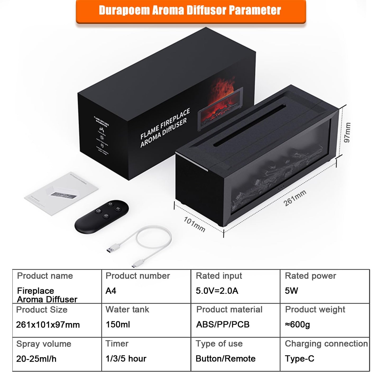 Durapoem Fireplace Essential Oil Diffuser 150ml – Ultrasonic Mist, 7-Color Flame, Remote