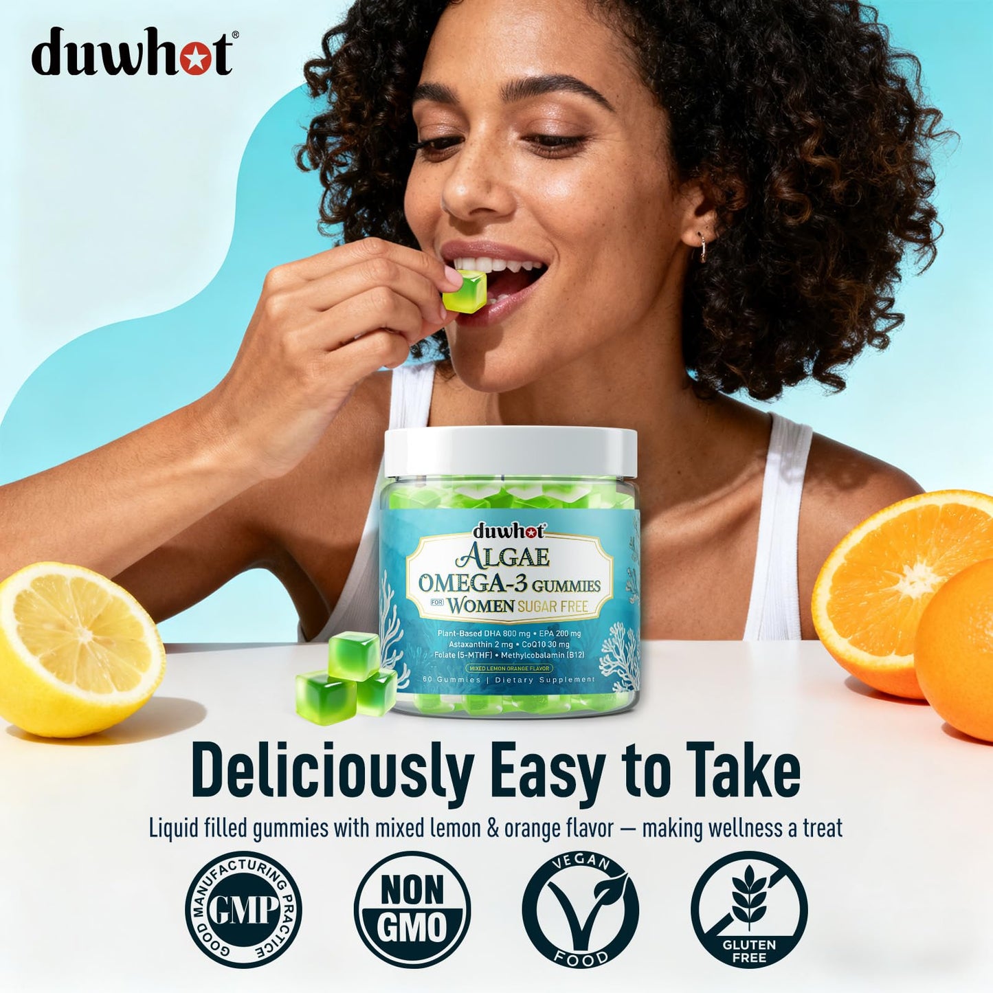 duwhot Vegan Omega-3 Gummies for Women | 1000mg Algal Oil DHA/EPA | CoQ10 & Astaxanthin | 60 Count
