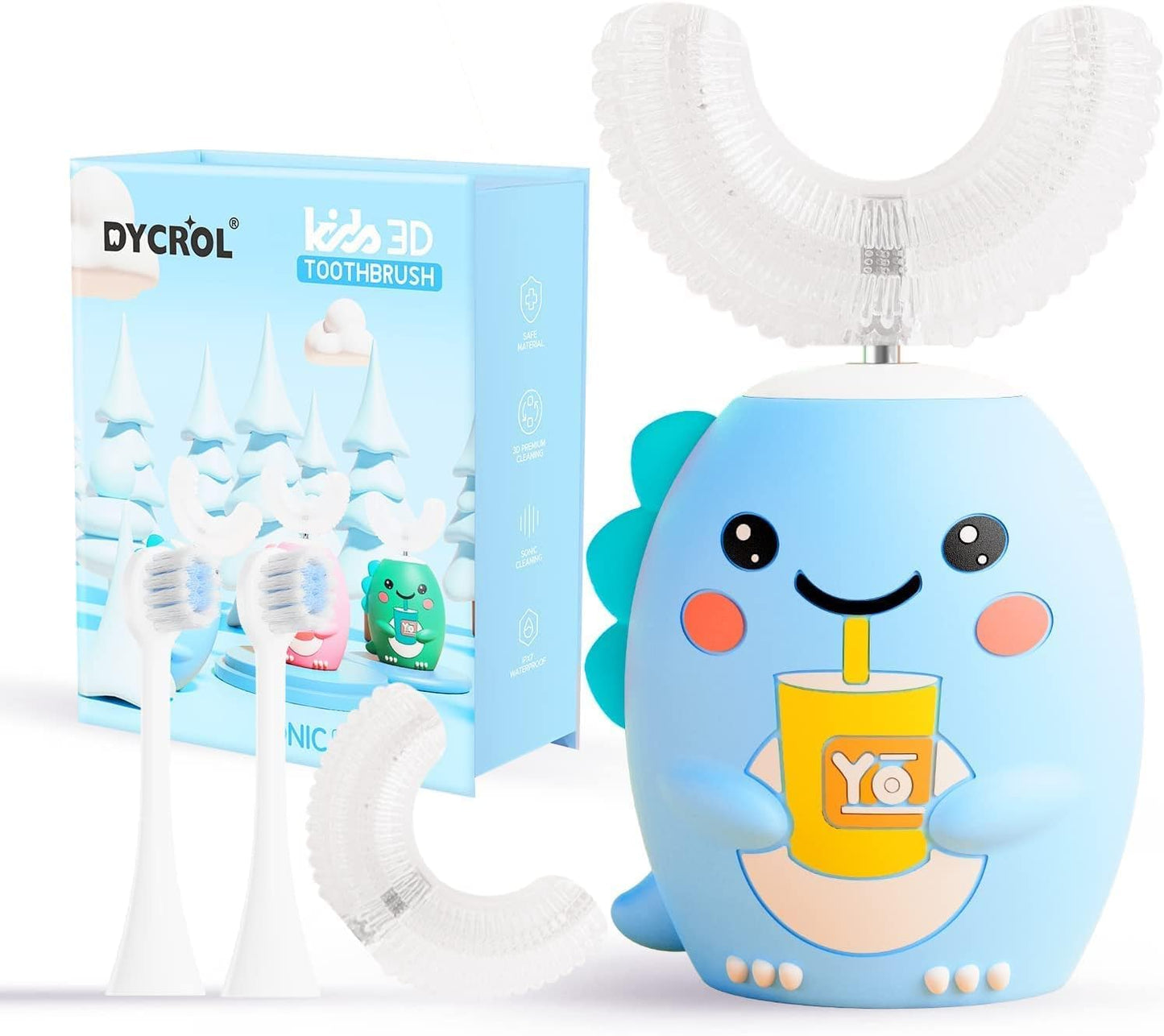 DYCROL Kids U Shaped Electric Toothbrush – 5 Modes, 4 Brush Heads, IPX7 Waterproof, Cartoon Dinosaur (6-12, Blue)