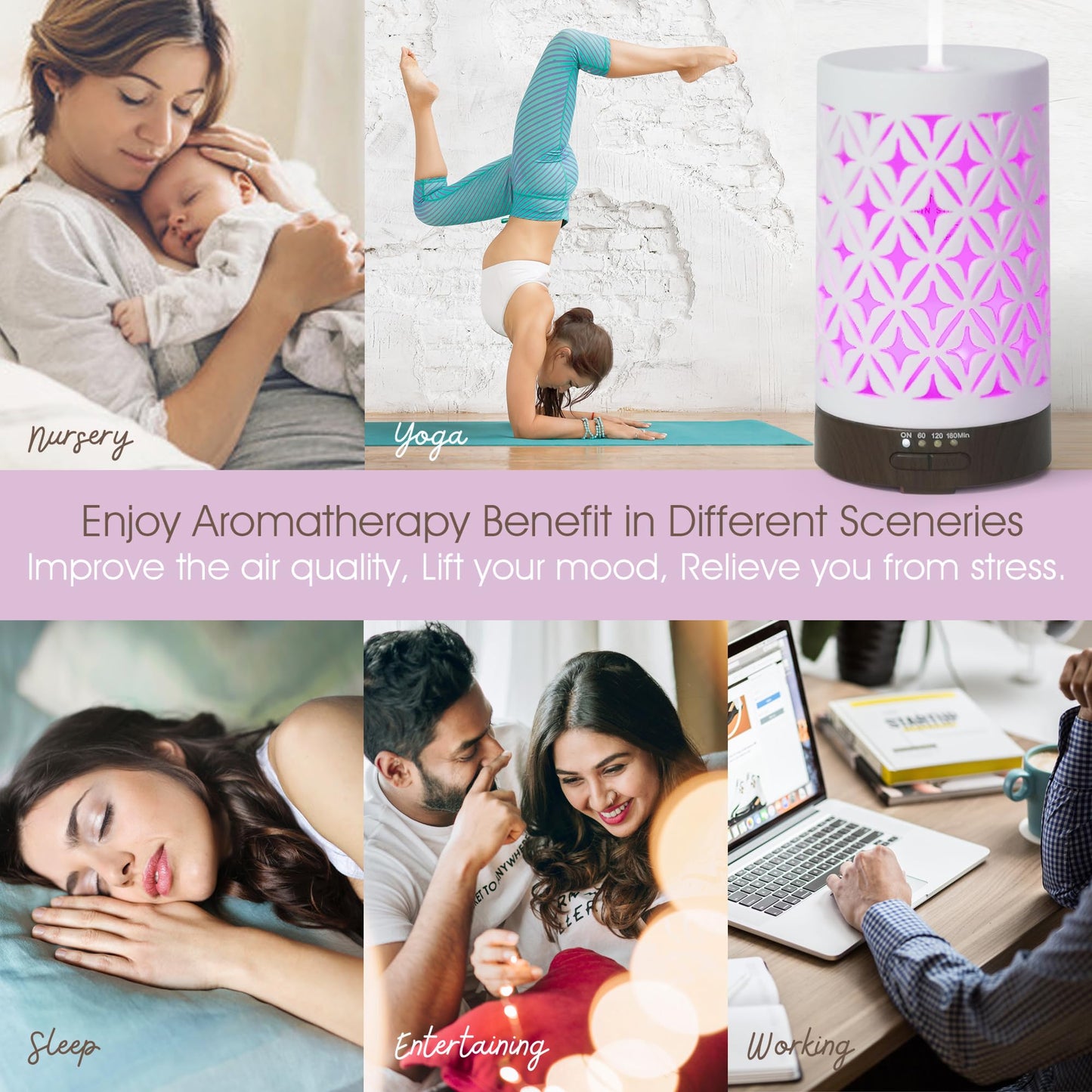 Earnest Living 100ml White Ceramic Essential Oil Diffuser – 4 Timers, Auto Off, Night Lights