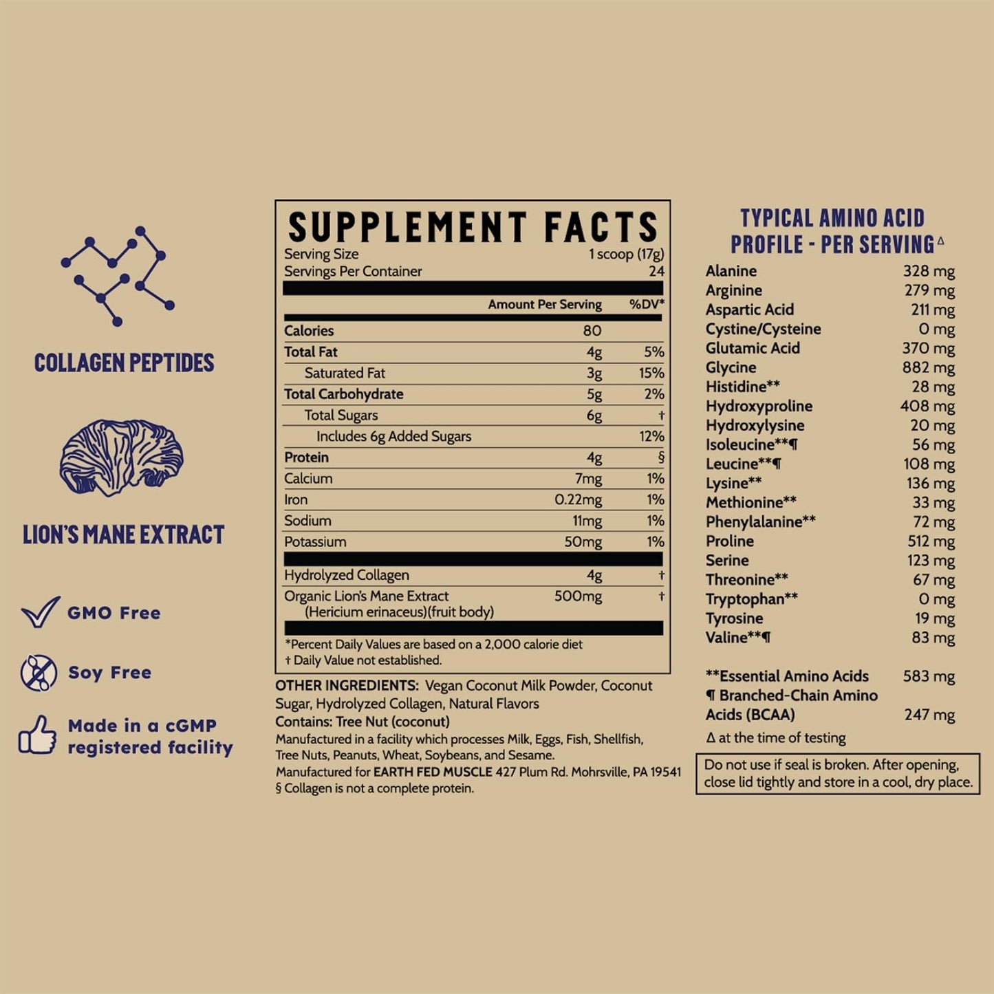 Earth Fed Muscle Morning Charge Protein Coffee Creamer with Collagen & Lion's Mane – Organic, Dairy-Free, Soy-Free, Gluten-Free – 24 Servings