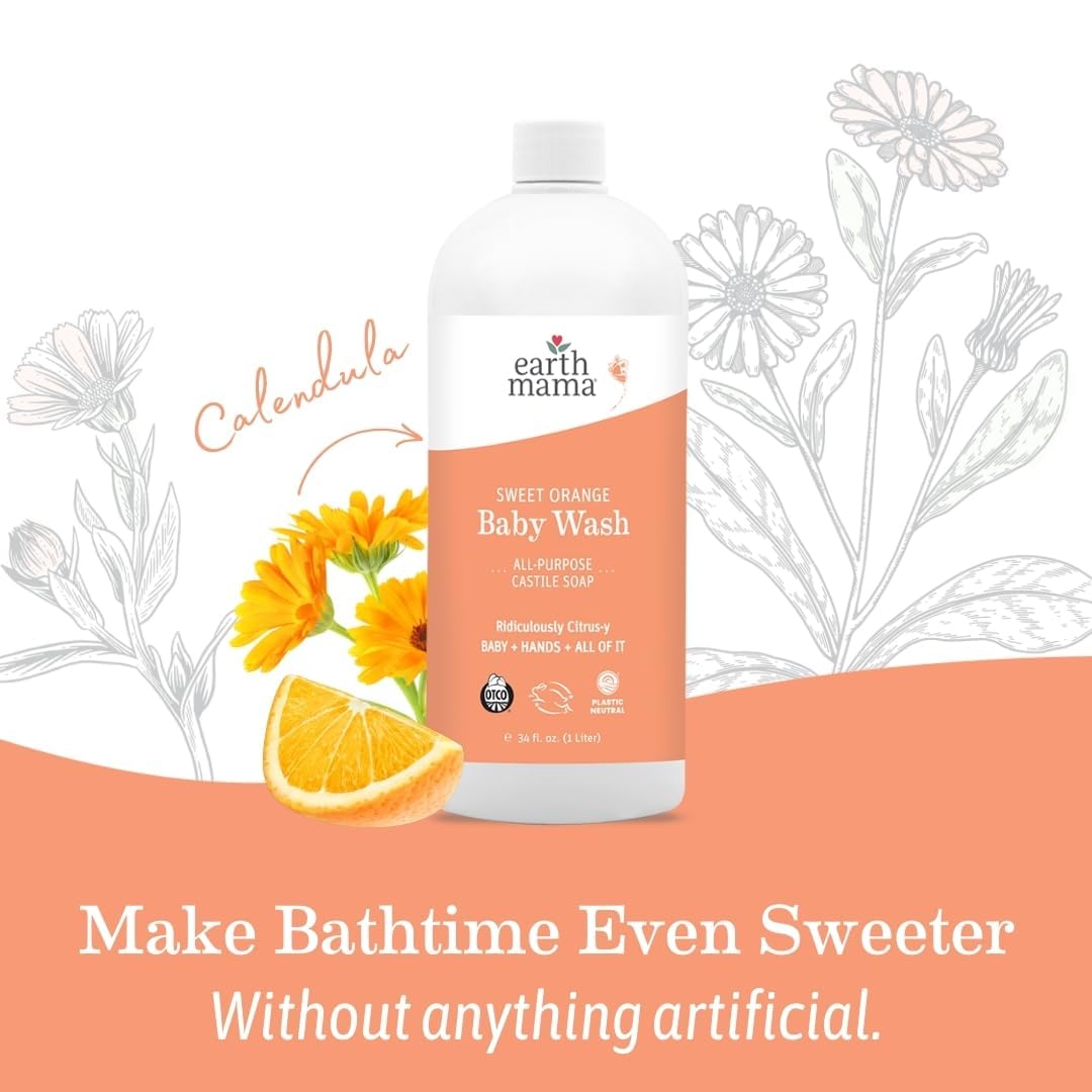 Earth Mama Sweet Orange Baby Wash – Organic Castile Soap for Sensitive Skin – 34 fl oz