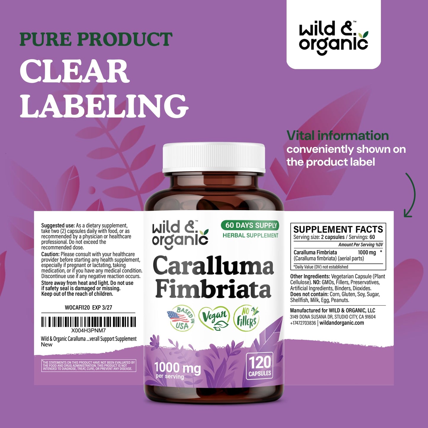 Wild & Organic Caralluma Fimbriata Capsules 1000 mg – Vegan, No Fillers | 120 Count
