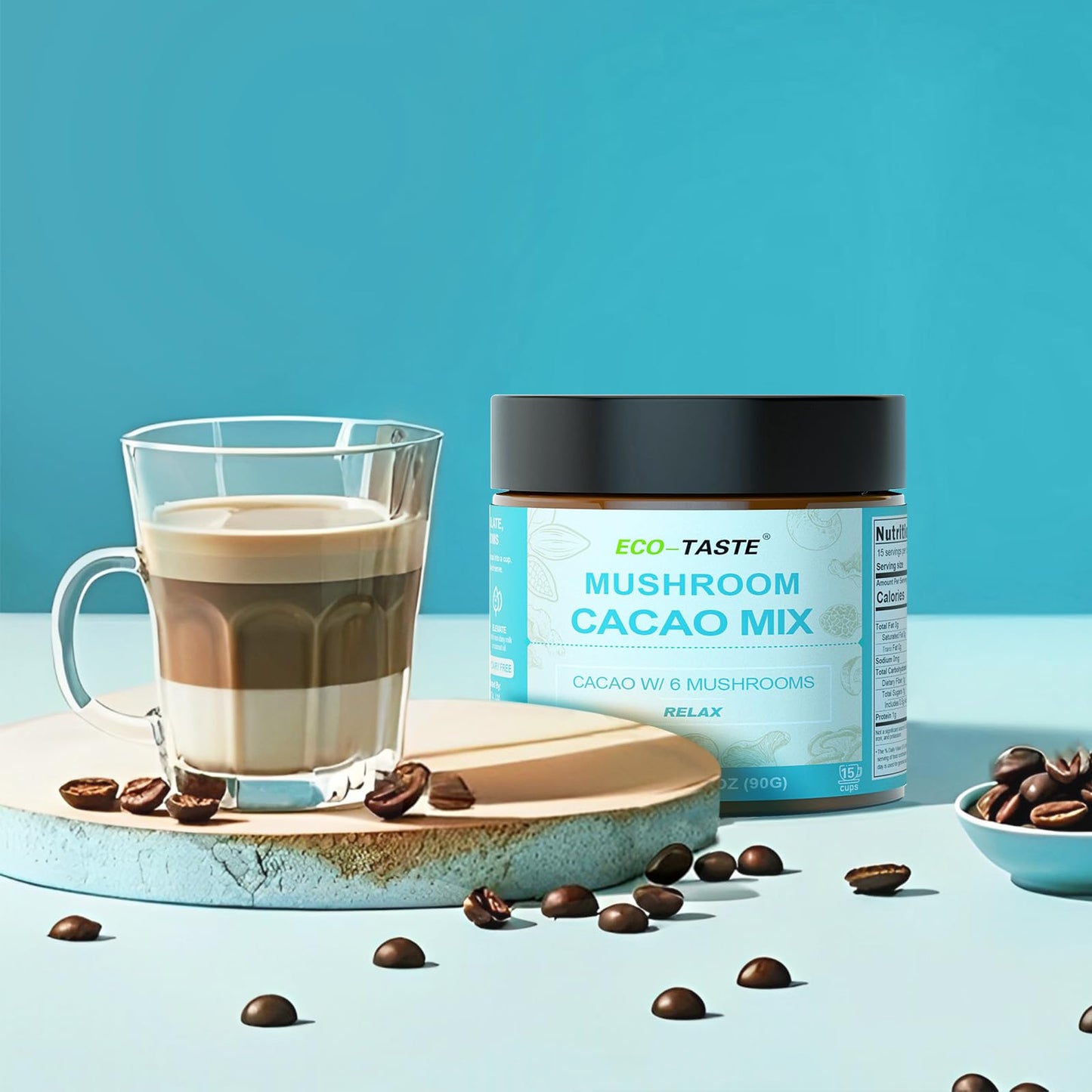 ECO-TASTE Mushroom Cacao Mix – 1000mg Mushroom Extract, Vegan & Gluten-Free Coffee Alternative