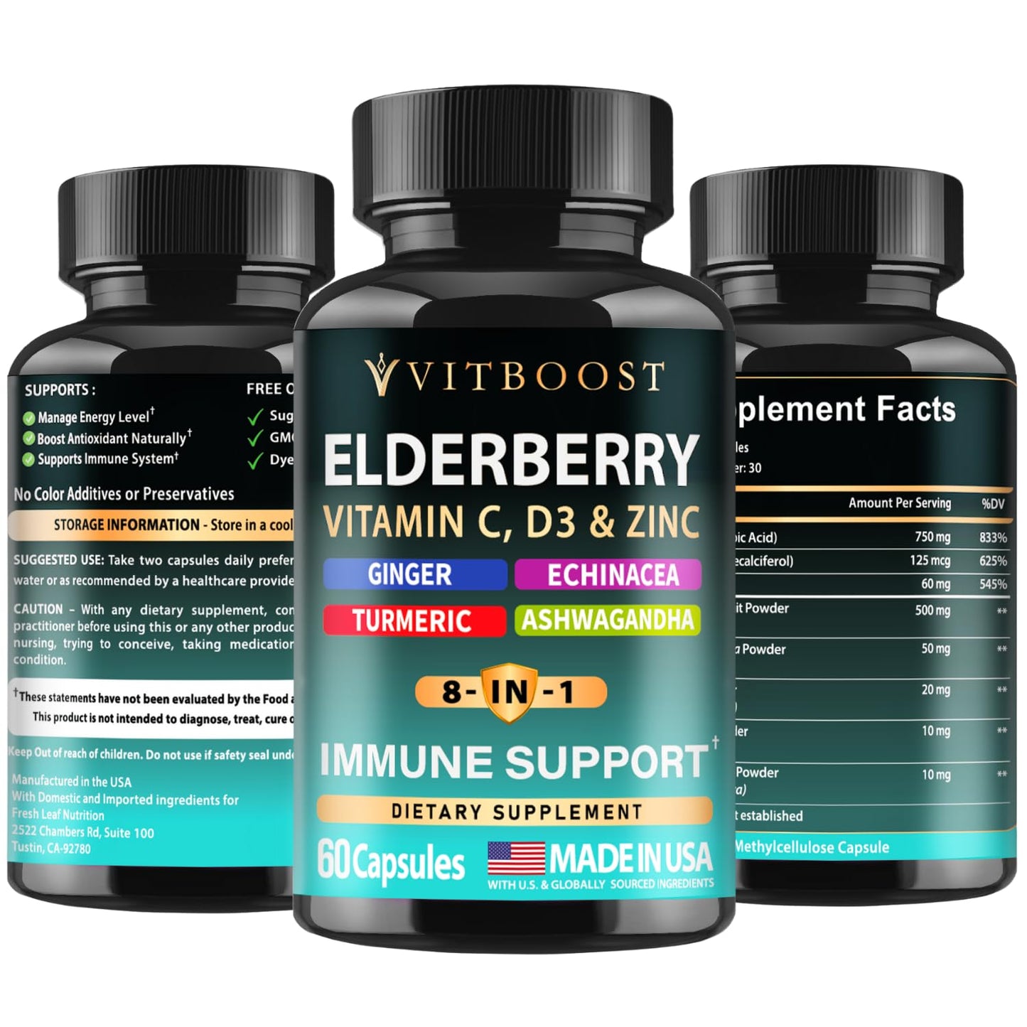 Elderberry Immune Support 8-in-1 Formula – 60 Capsules with Vitamin C, D, Zinc & Echinacea