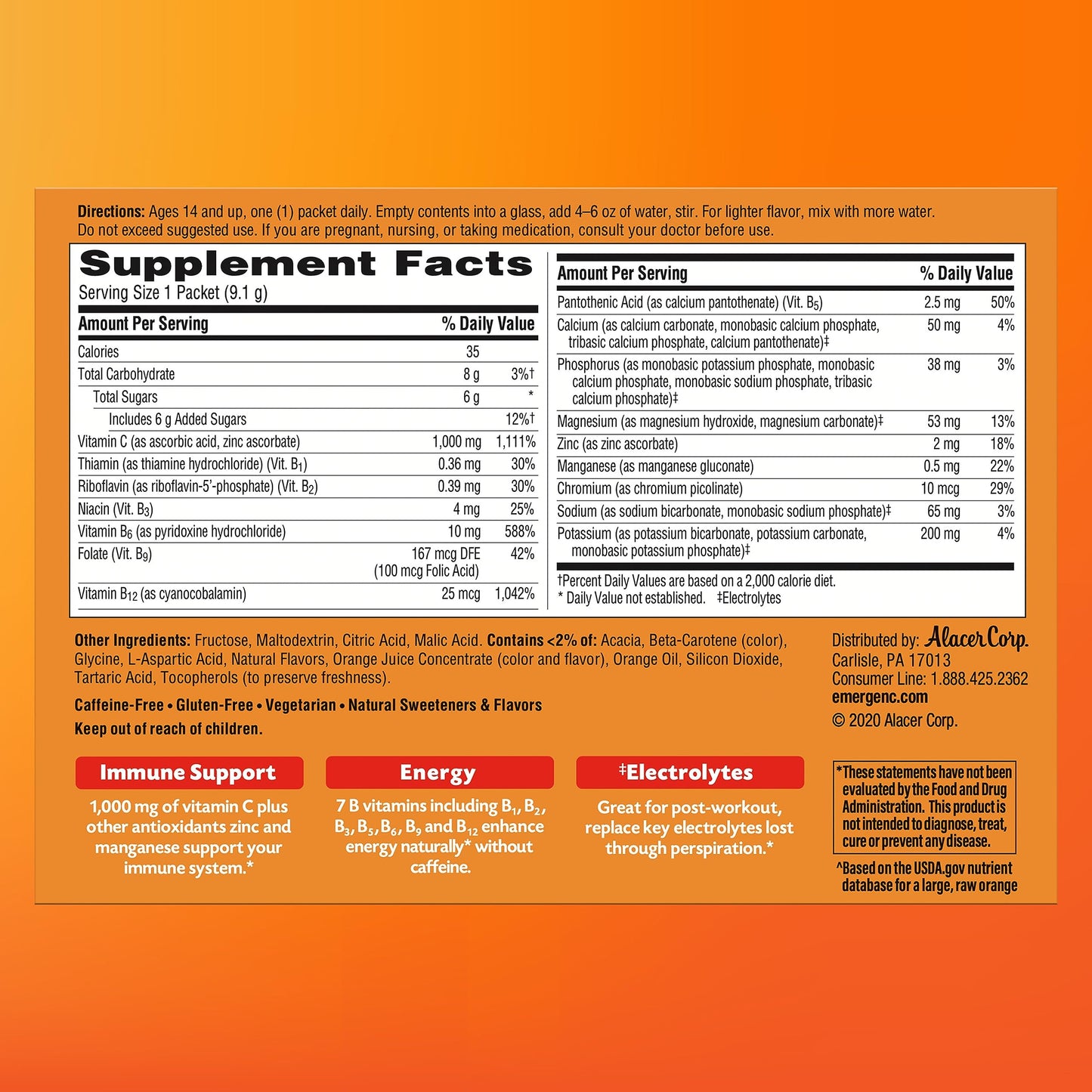 Emergen-C 1000mg Vitamin C Powder – Immune Support, Orange Flavor, 60 Count
