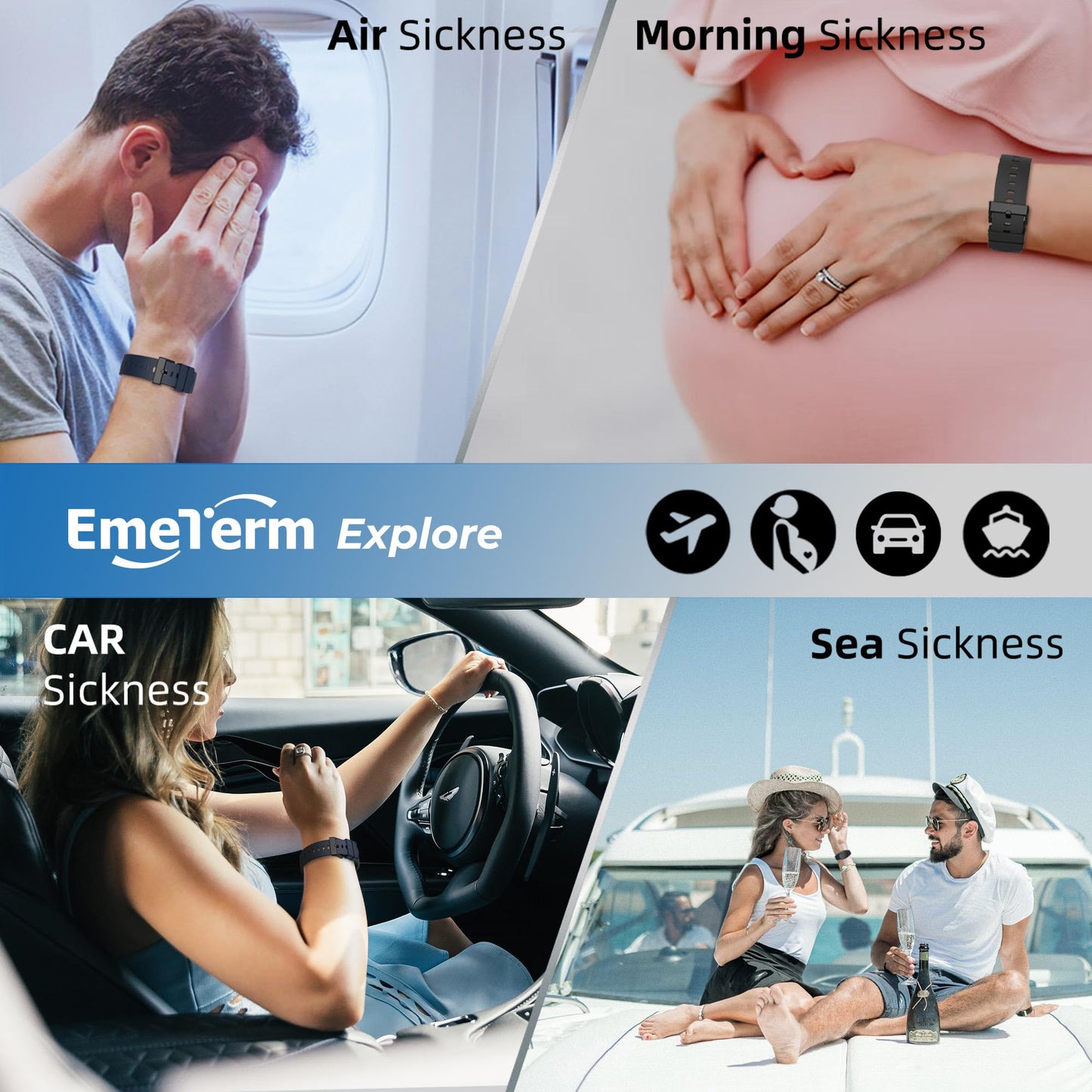 EmeTerm Explore FDA-Cleared Anti-Nausea Wristband | IP67 Waterproof, Rechargeable, Drug-Free Morning Motion Sickness Relief — Galaxy Black