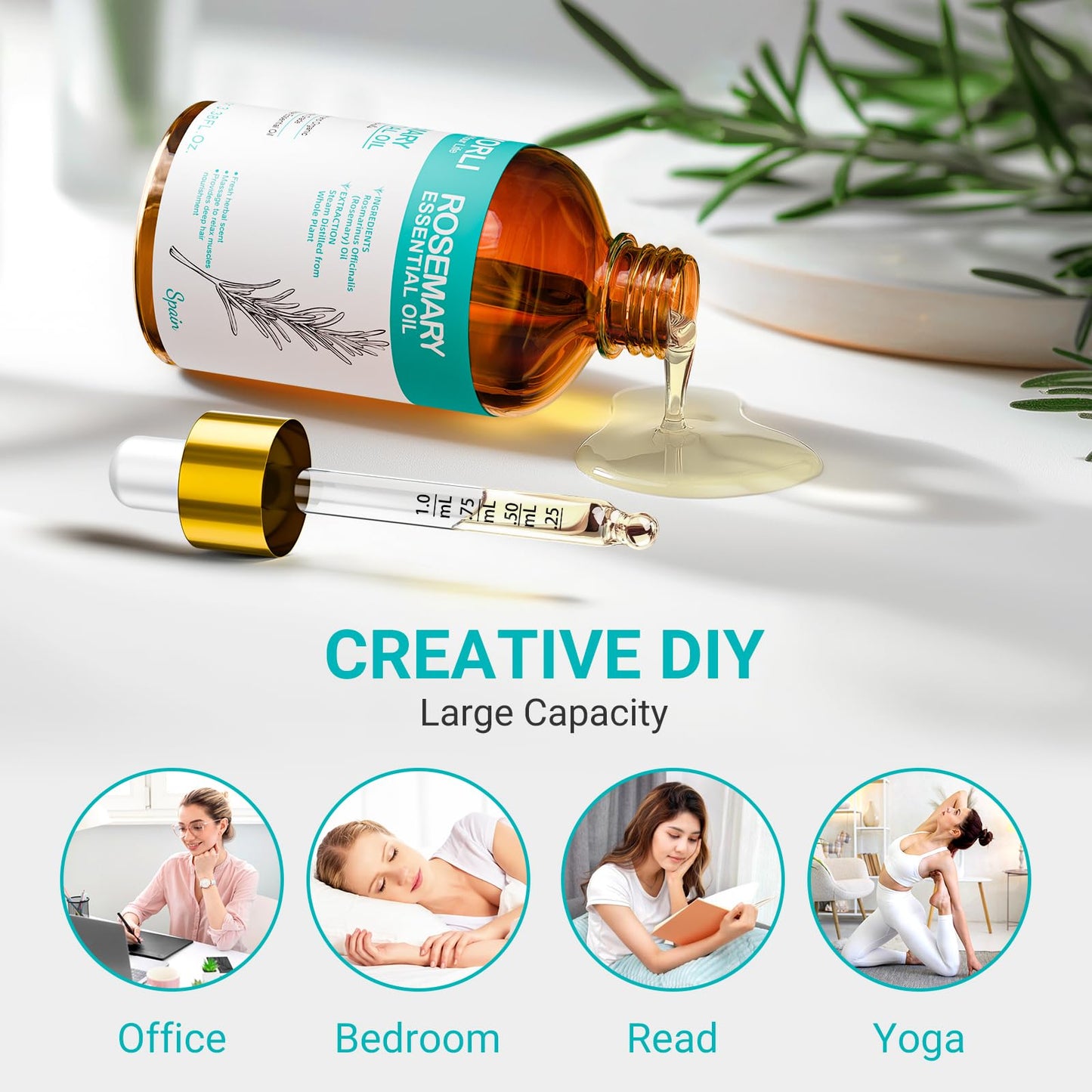 ENYORLI Rosemary Oil 3.38 fl oz – 100% Natural Essential Oil for Hair, Skin, Diffusers & Aromatherapy