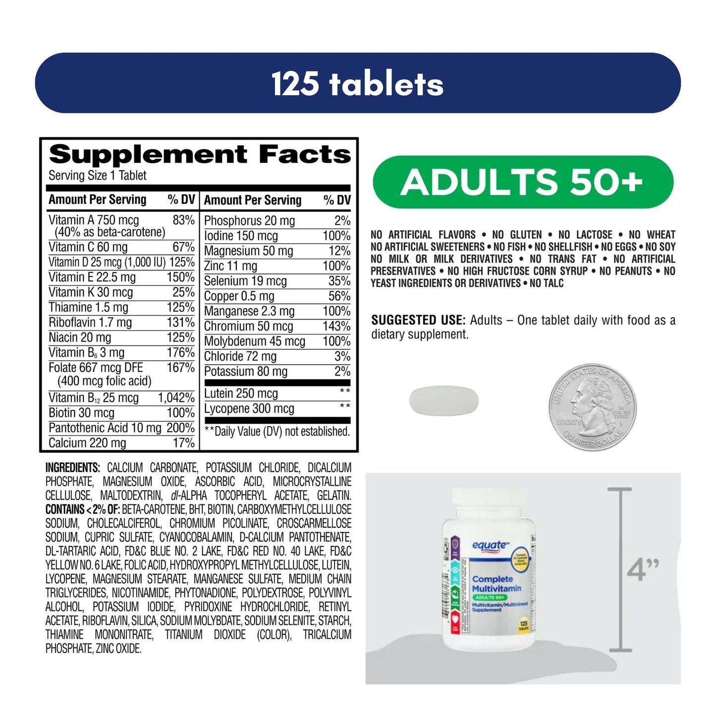Equate 50+ One Daily Multivitamin - Healthy Brain, 125 Pills | Compare to Centrum Silver