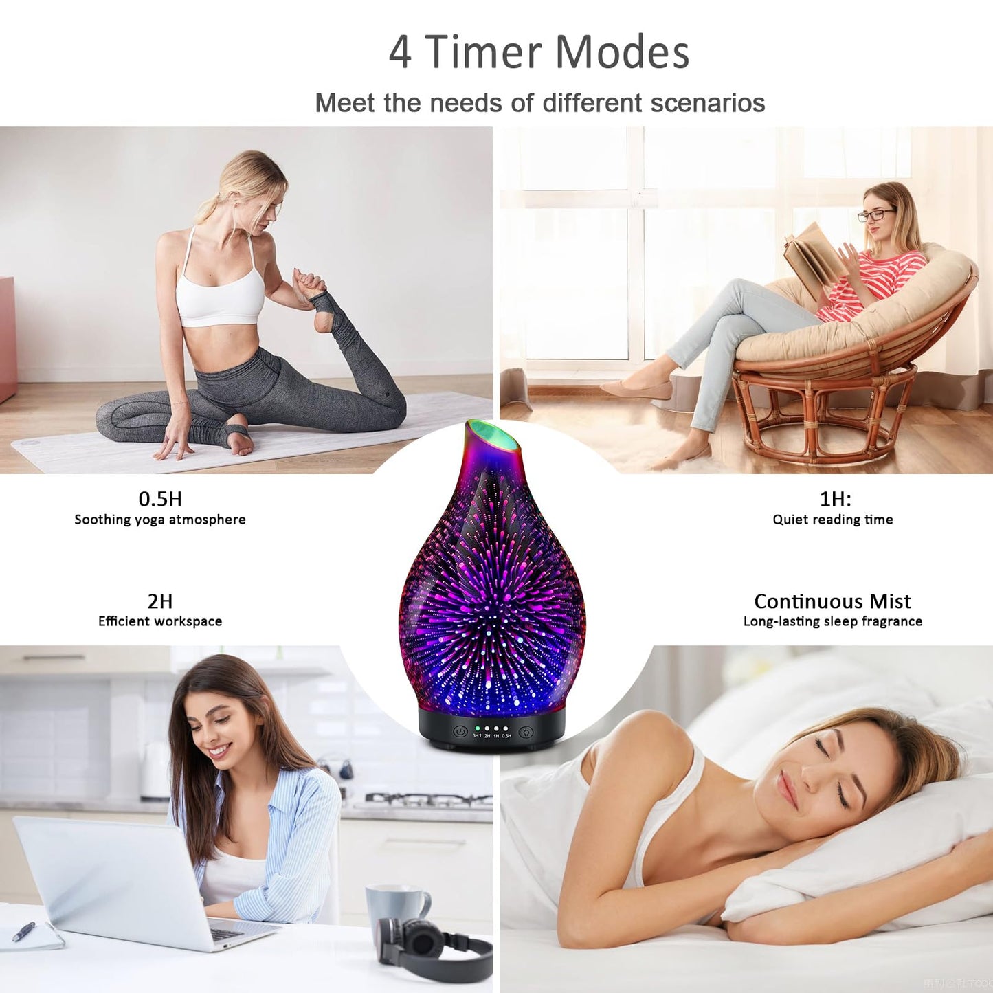 Essential Oil Diffuser 120ML | 3D Firework Glass, 7 LED Colors, 4 Timers