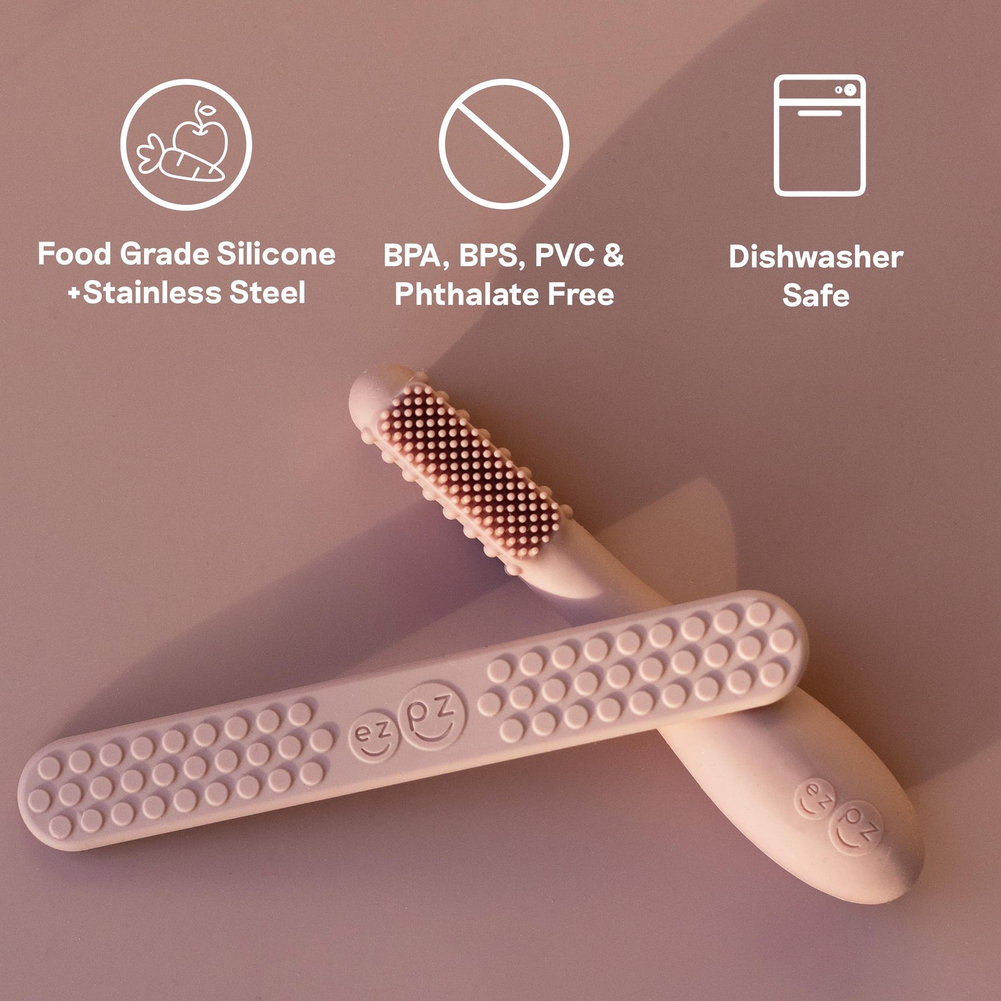 ezpz Baby-Led Toothbrush + Tongue Depressor Dual Pack – Blush (100% Silicone)