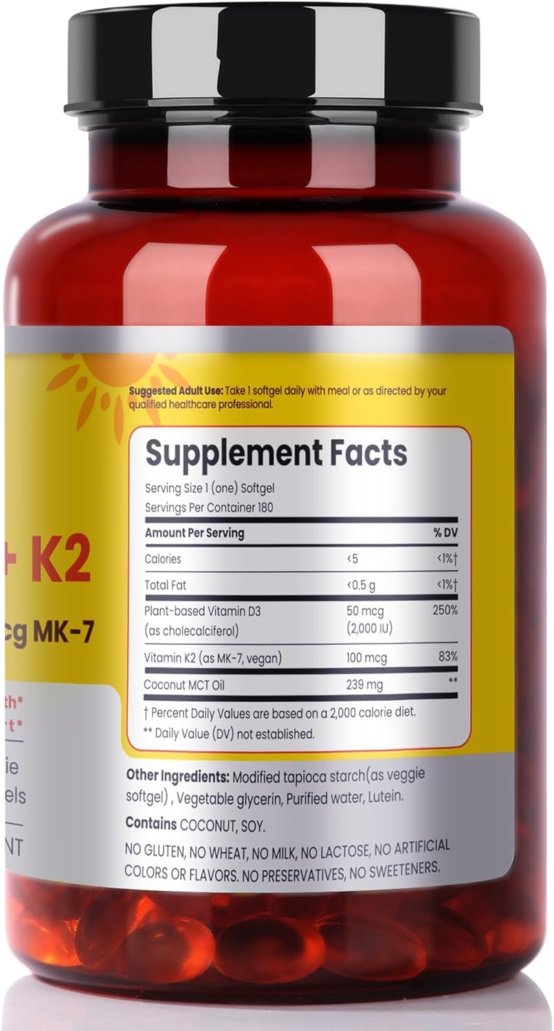 FAMILI+ Vegan Vitamin D3 + K2 Softgels (2000 IU D3, 100 mcg MK-7) with Coconut MCT – 180 Days