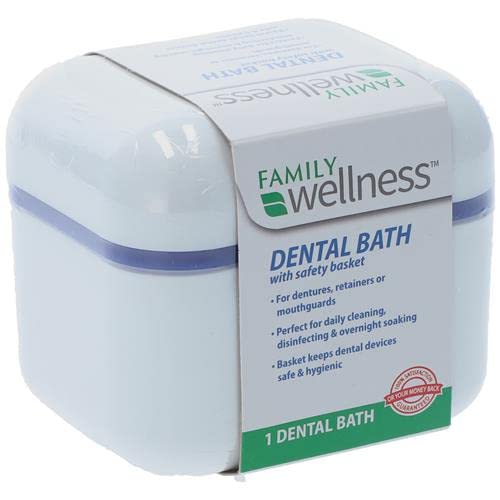 Family Wellness Dental Bath with Strainer Basket - Denture Case for Dentures, Retainers & Mouthguards | 1 Count