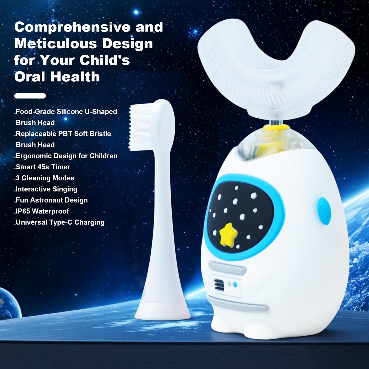 FanHwaDaiMung Kids U-Shaped Electric Toothbrush with Music – 3 Modes, Voice Teaching, Type-C Charging (Ages 3-12)