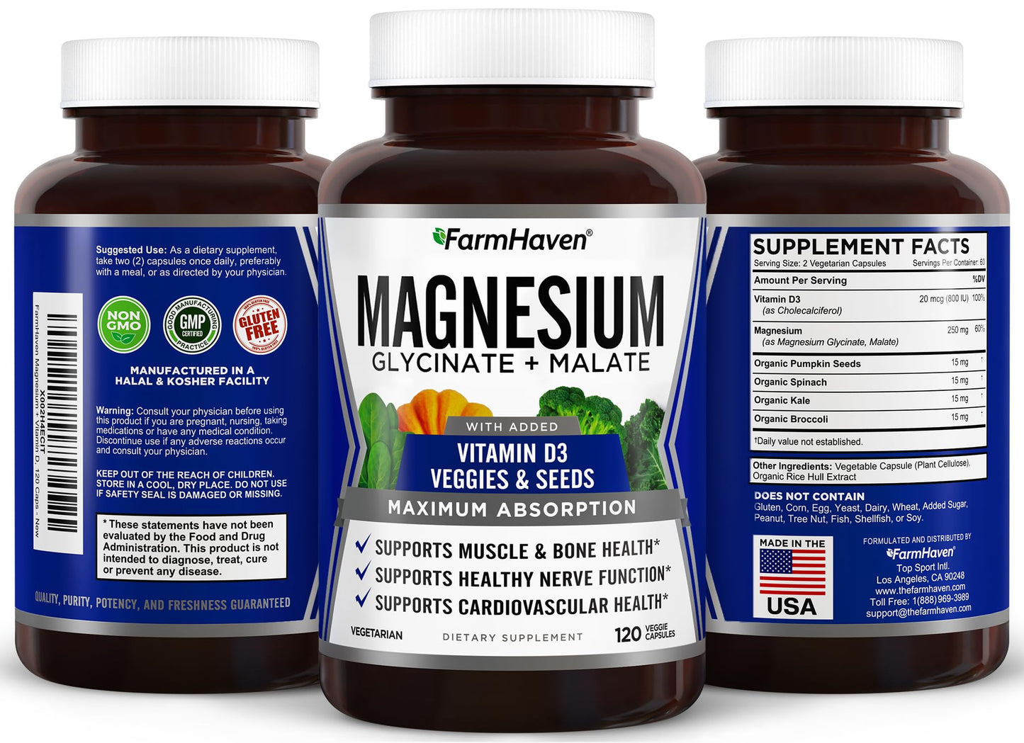 FarmHaven Magnesium Complex – Chelated Glycinate + D3, 120 Caps
