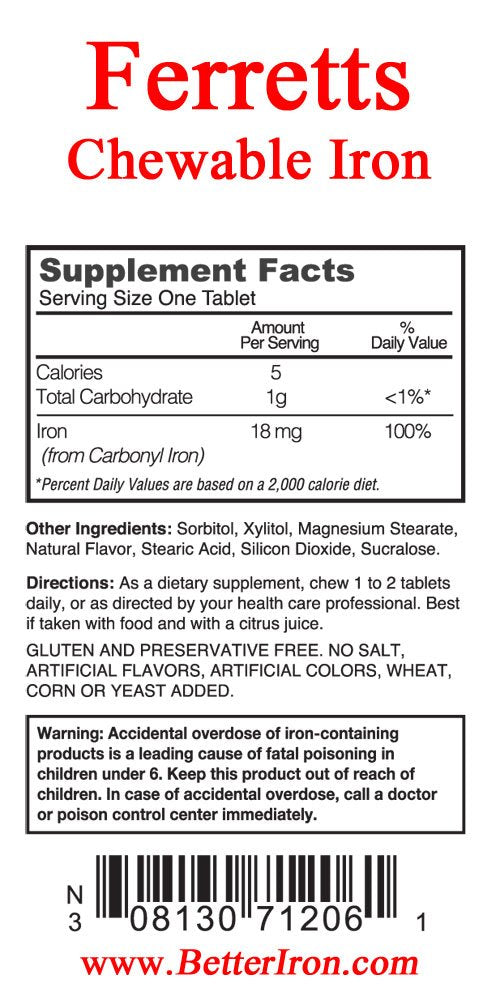 Ferretts Chewable Iron 18mg (Carbonyl Iron) – 60-Count Lemon-Lime Iron Chewables