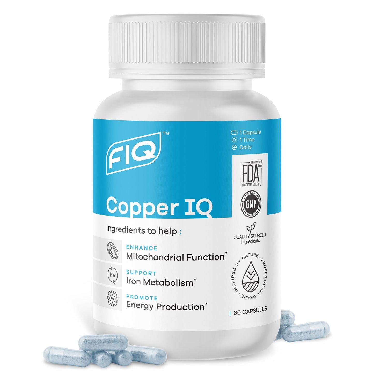 FIQ Copper IQ | Copper Bisglycinate Supplement for Energy & Mitochondrial Support - Chelated Copper, High Absorption - 60 Capsules