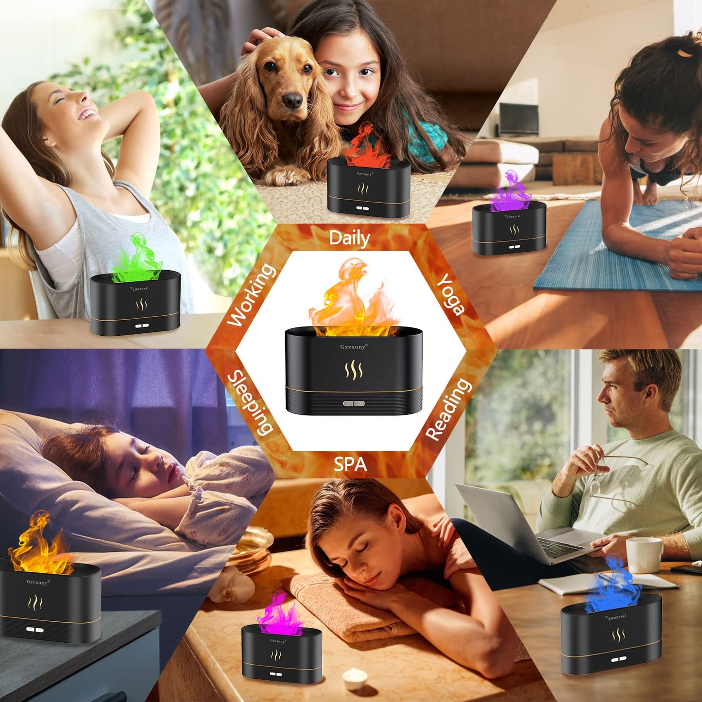 Flame Essential Oil Diffuser - 7-Color LED Flame Lights | Ultra Quiet Humidifier (Black)