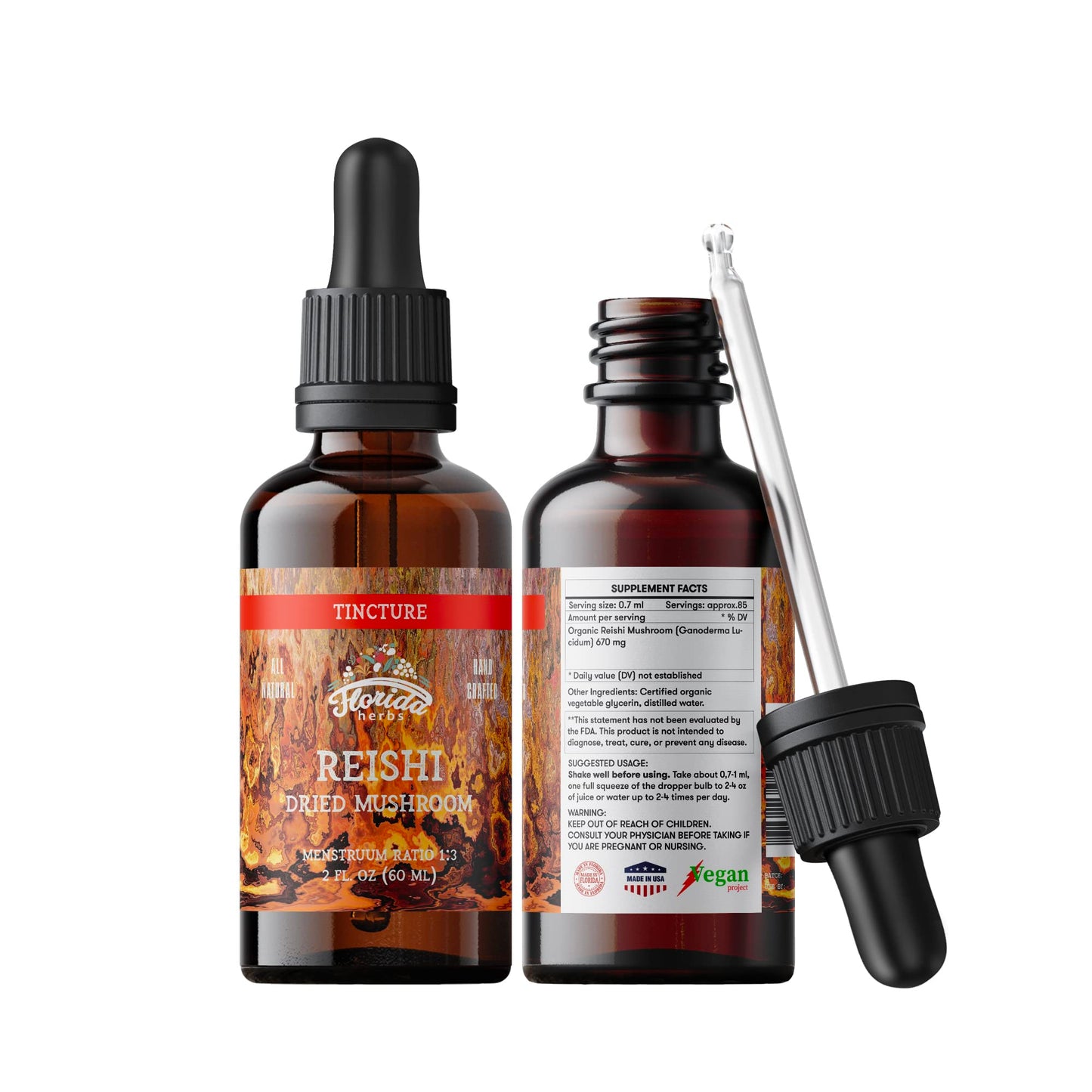 Florida Herbs Reishi Tincture - Organic Ganoderma Lucidum Extract, 2 oz (60 ml), Pack of 2