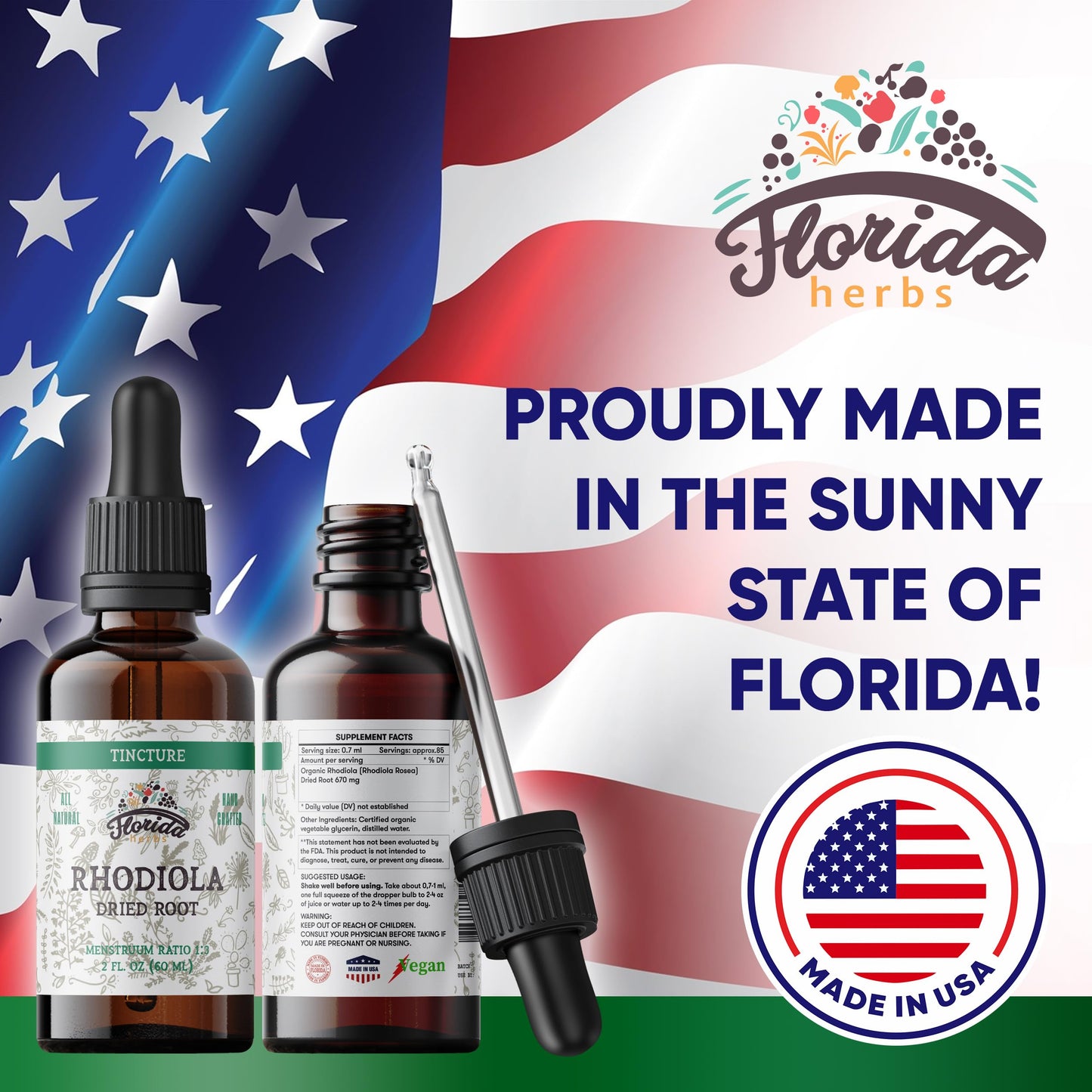 Florida Herbs Rhodiola Tincture – Organic Rhodiola Rosea Extract (2 oz, 670 mg) Non-GMO