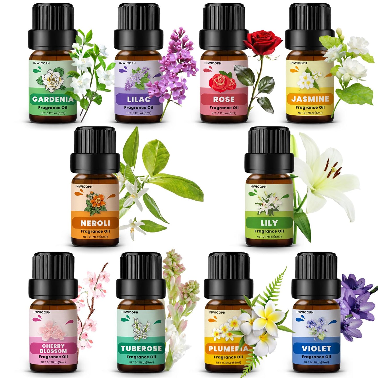 Floral Essential Oils Set - INWICOPH Flower Fragrance Oils for Candles & Diffusers